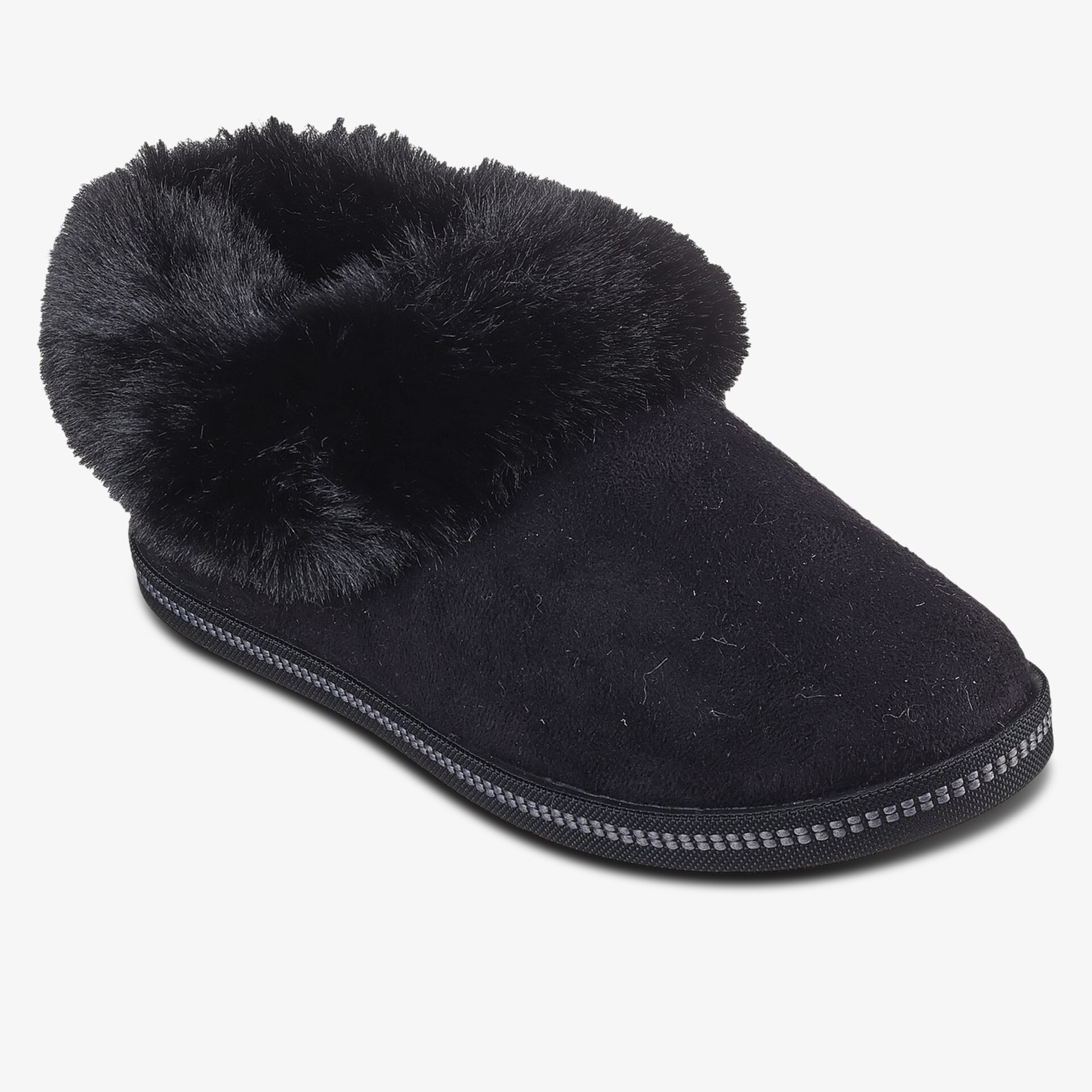Schwarzer Hausschuh mit weichem, flauschigem Fellkragen für warmen und komfortablen Tragekomfort