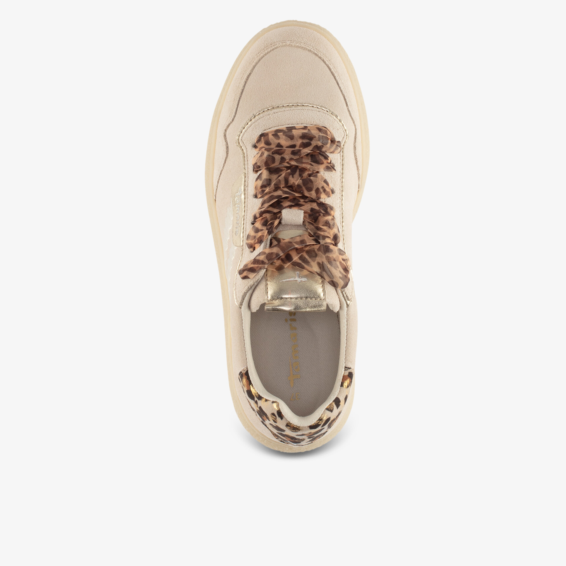 Beiger sportlicher Schuh mit Schnürsenkeln und Animal Print Akzent in moderner Top-Down Ansicht
