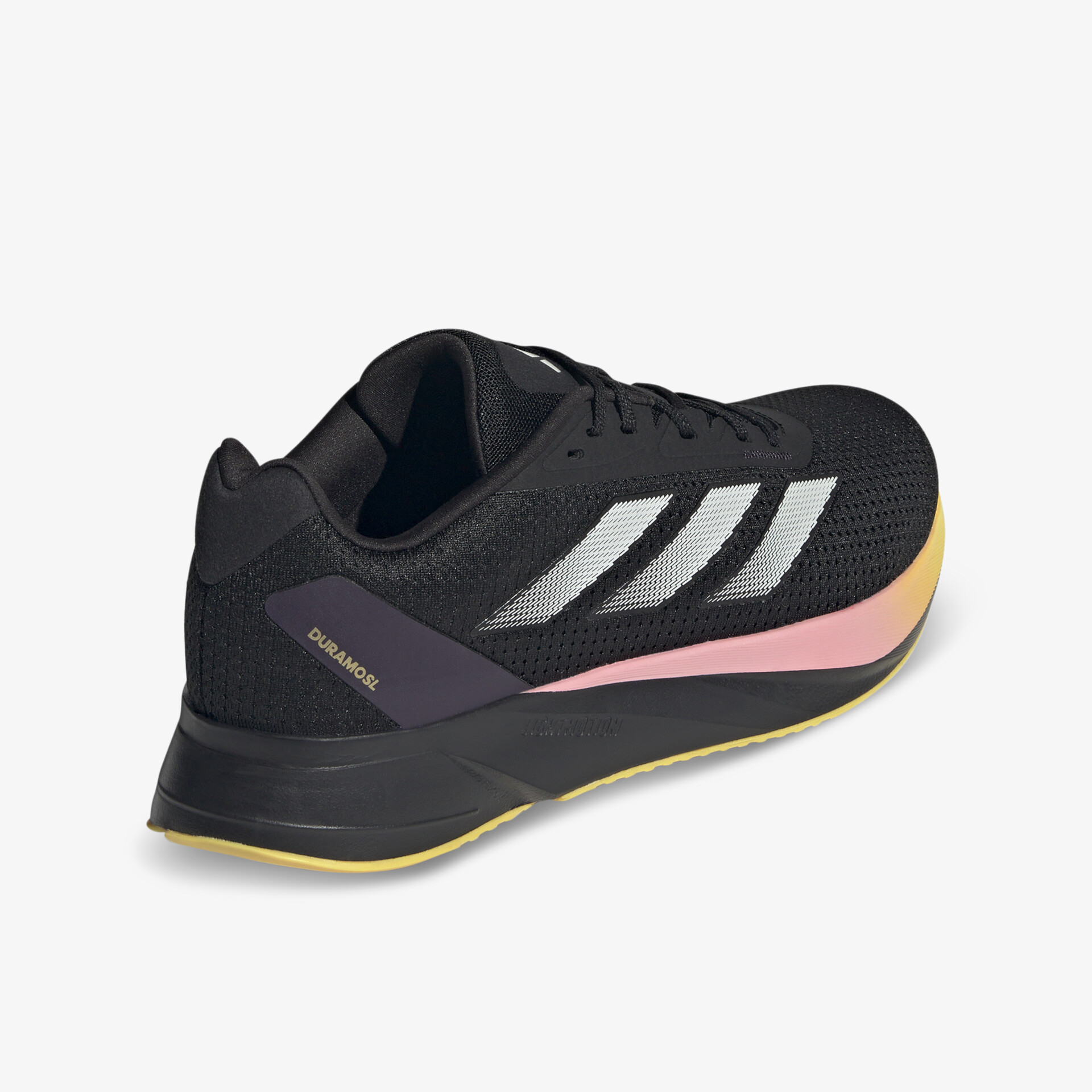 Seitliche Ansicht eines schwarzen Laufschuhs mit weißen Akzenten, leichter und bequemer Sportschuh