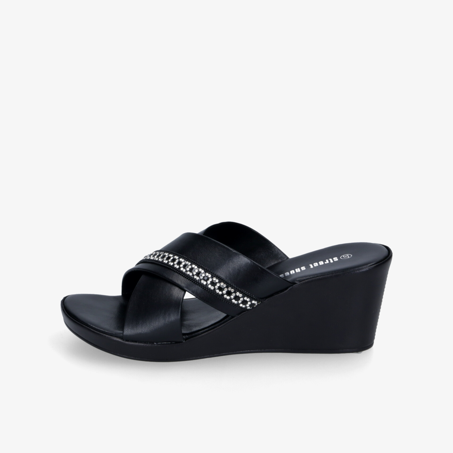 Schwarze Keilsandalette mit bequemer Form und modischem Kettendetail für eleganten und komfortablen Tragekomfort