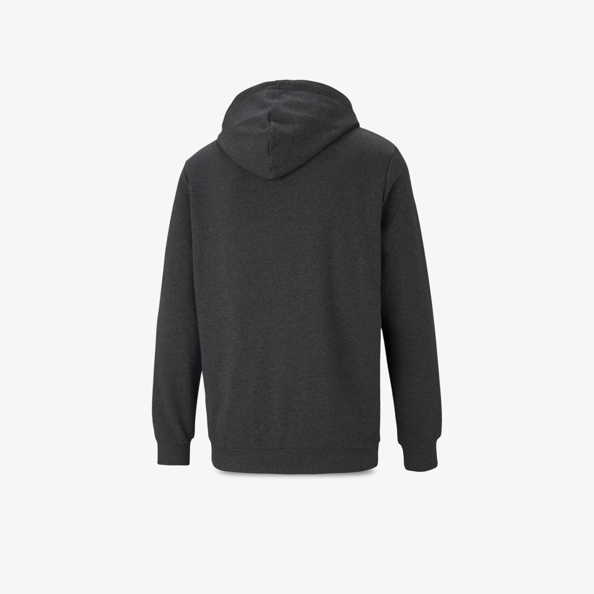 Rückansicht eines dunkelgrauen Kapuzenpullovers aus weichem, bequemem Material für wärme und sportlichen Stil