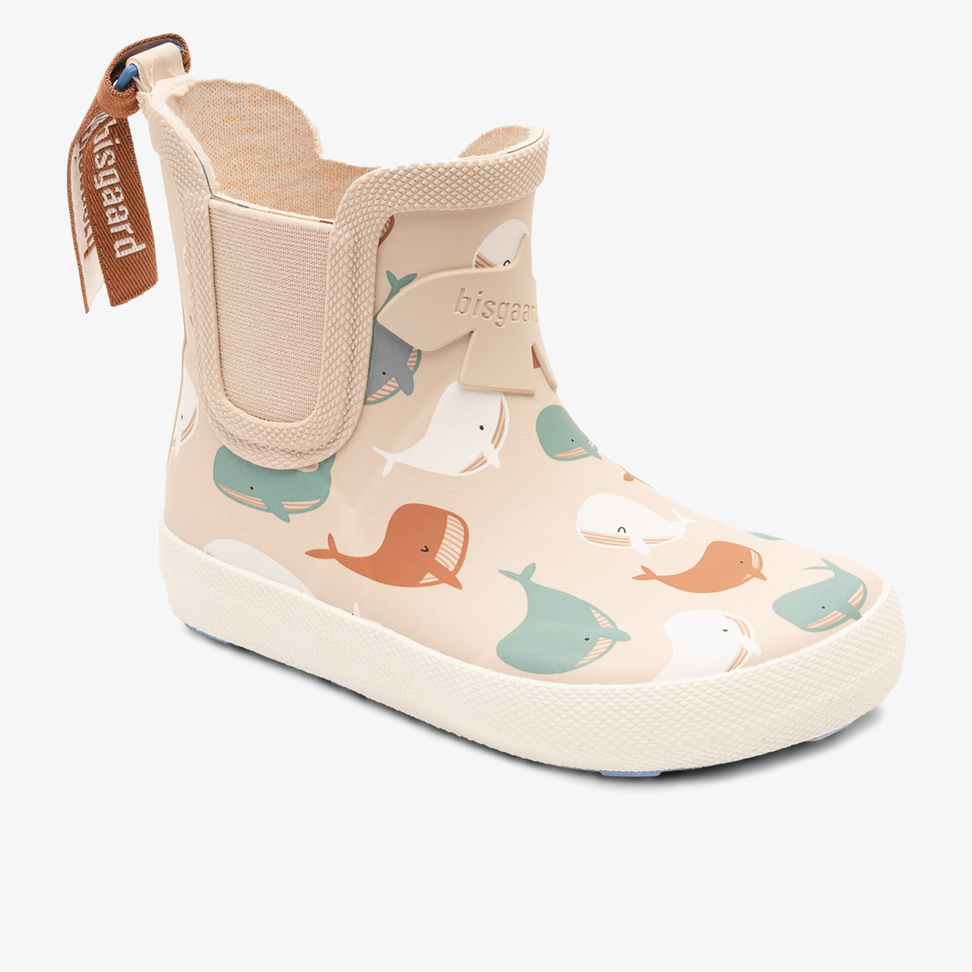 Beigefarbener Gummistiefel mit buntem Muster und praktischem Klettverschluss.