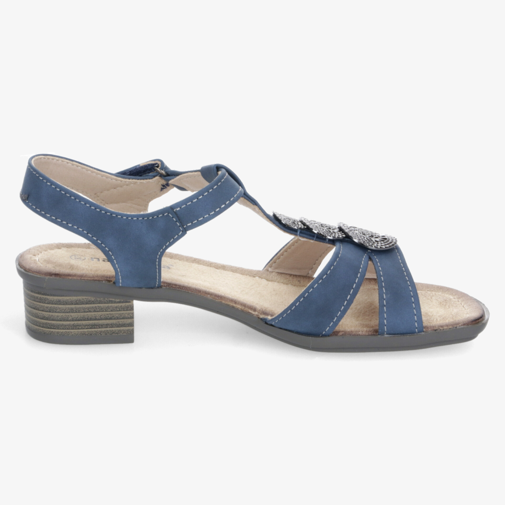 Blauer Sandalenschuh mit bequemem Absatz, weichem Fußbett und verstellbarem Riemen für optimalen Tragekomfort