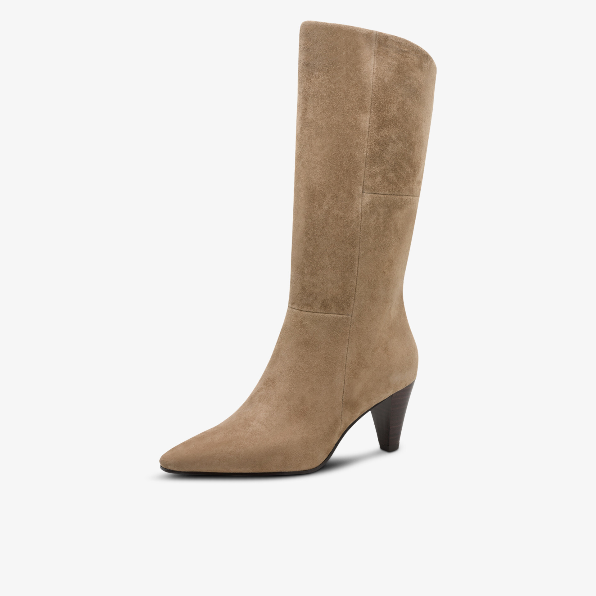 Eleganter beiger Stiefel mit hohem Absatz und spitzer Form aus hochwertigem Wildleder in seitlicher Ansicht