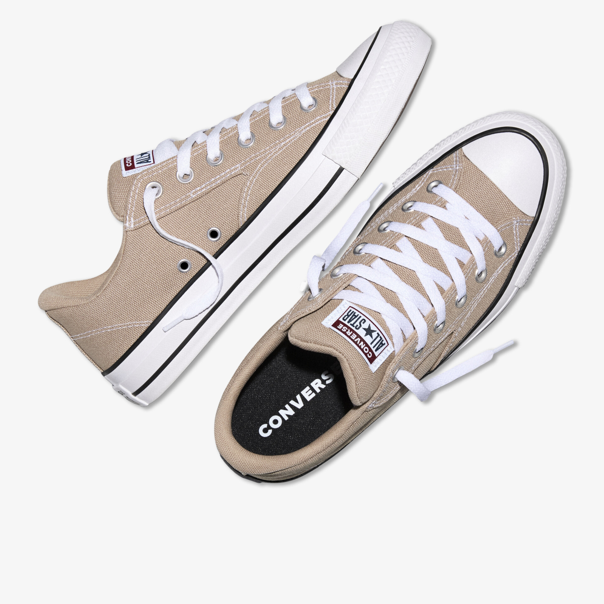 Beige Canvas Sneaker mit weißer Sohle und Schnürung, rutschfest und vielseitig kombinierbar