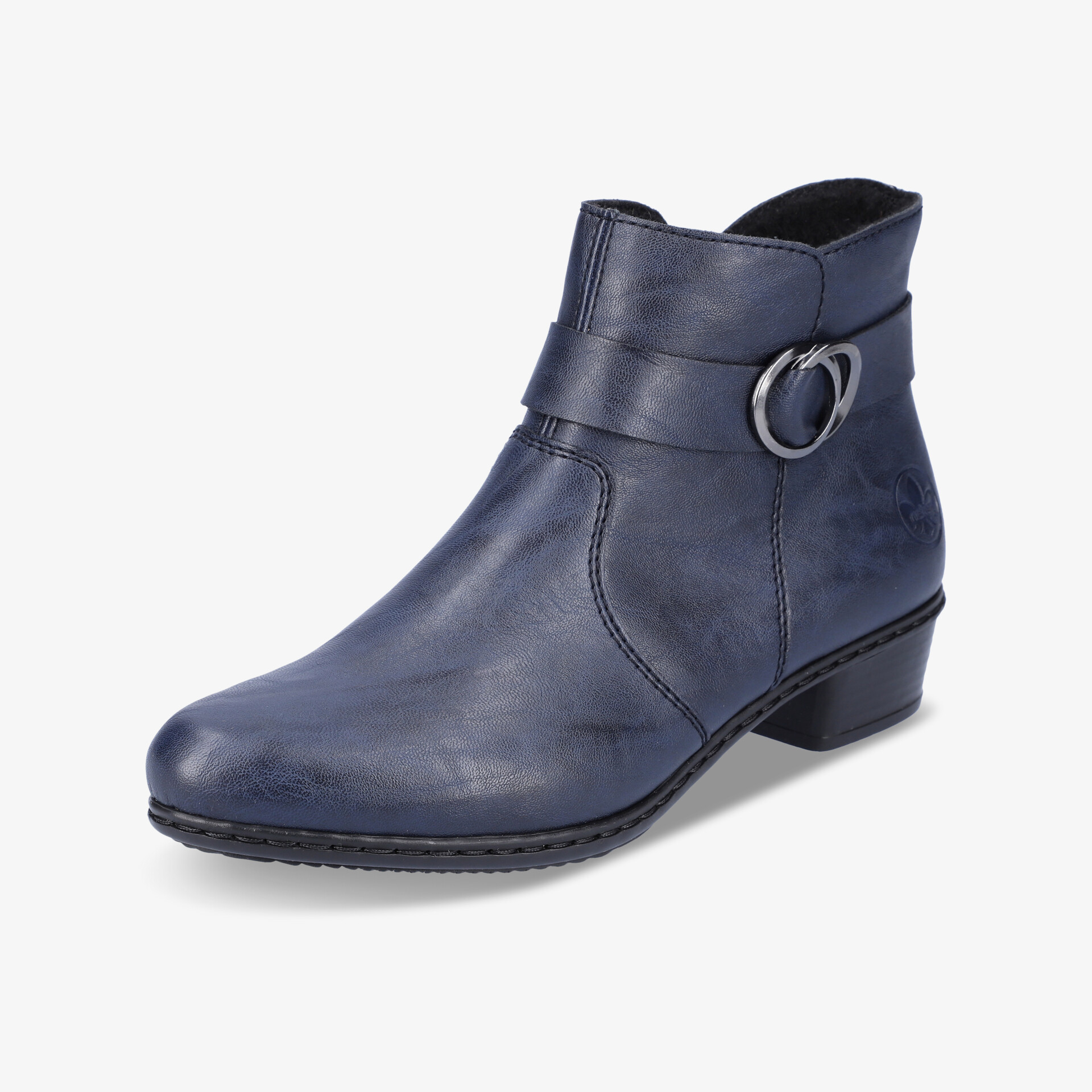 Elegante blaue Stiefelette aus Leder mit rundem Absatz und modischem Schnallenriemen