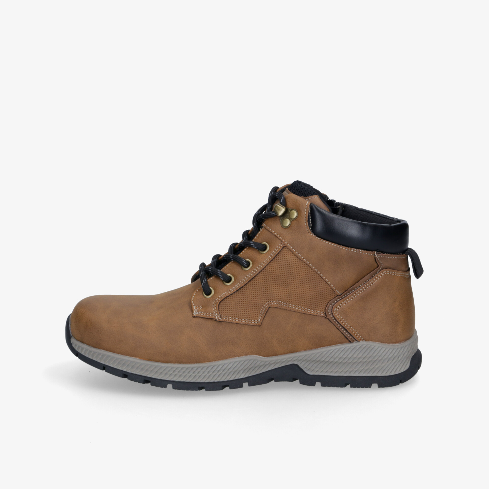 Seitliche Ansicht eines robusten und bequemen Schnürstiefels mit rutschfester Sohle und gepolstertem Schaft