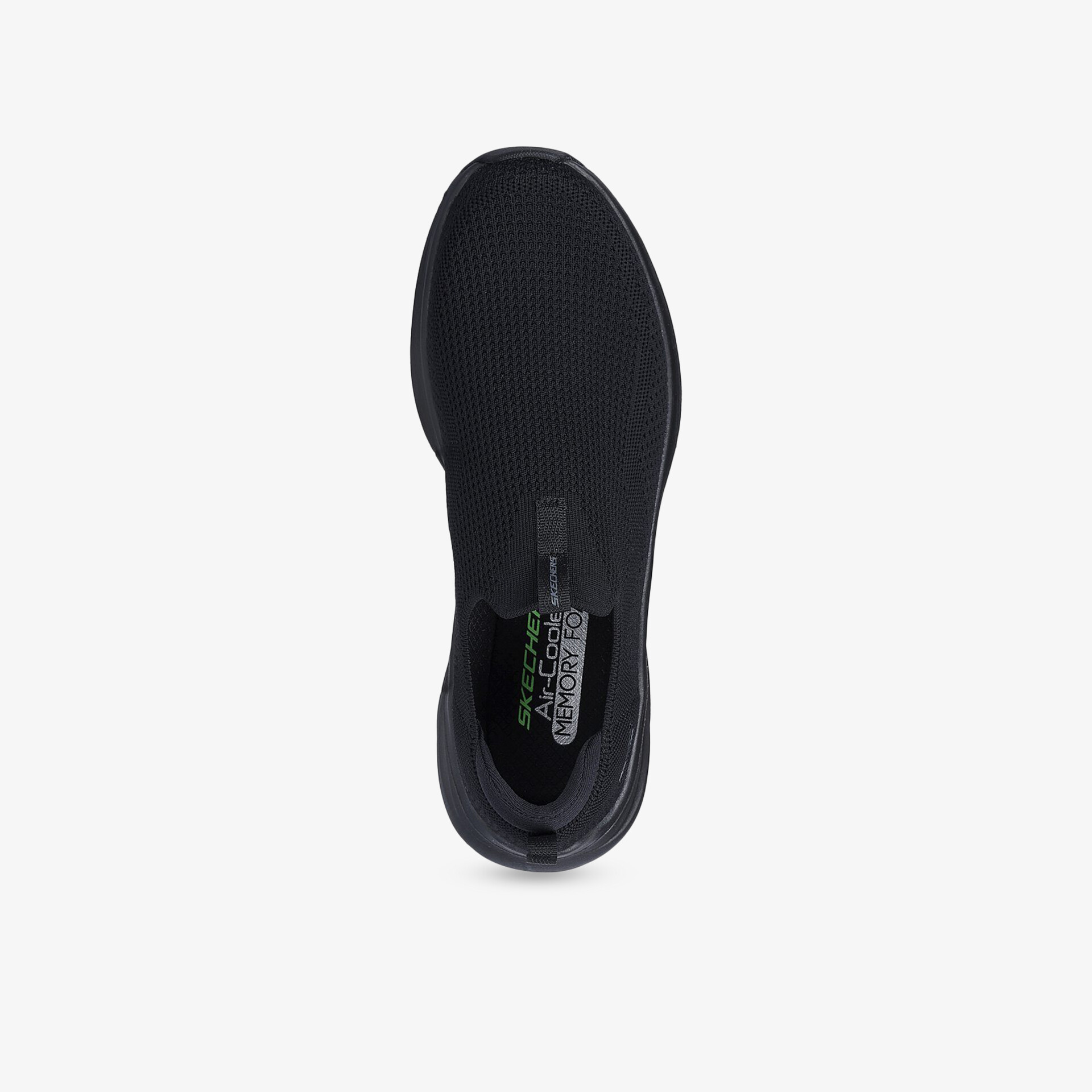 Schwarzer Sneaker in Draufsicht mit flexiblem Material und rutschfester Sohle für hohen Tragekomfort