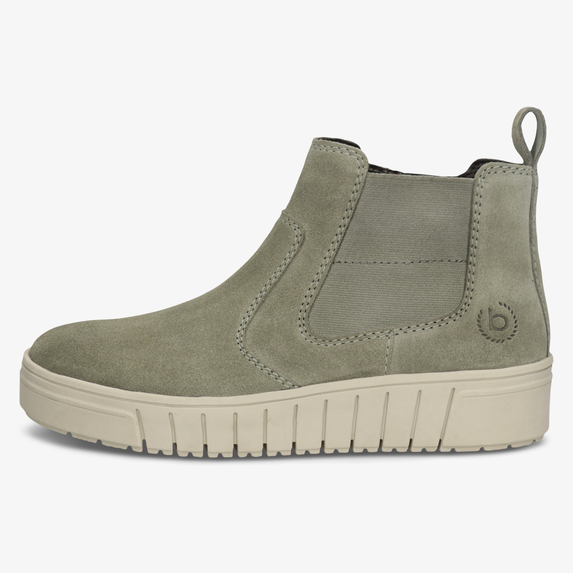 Seitliche Ansicht einer bequemen Stiefelette mit weichem Obermaterial und robuster, profilierter Sohle