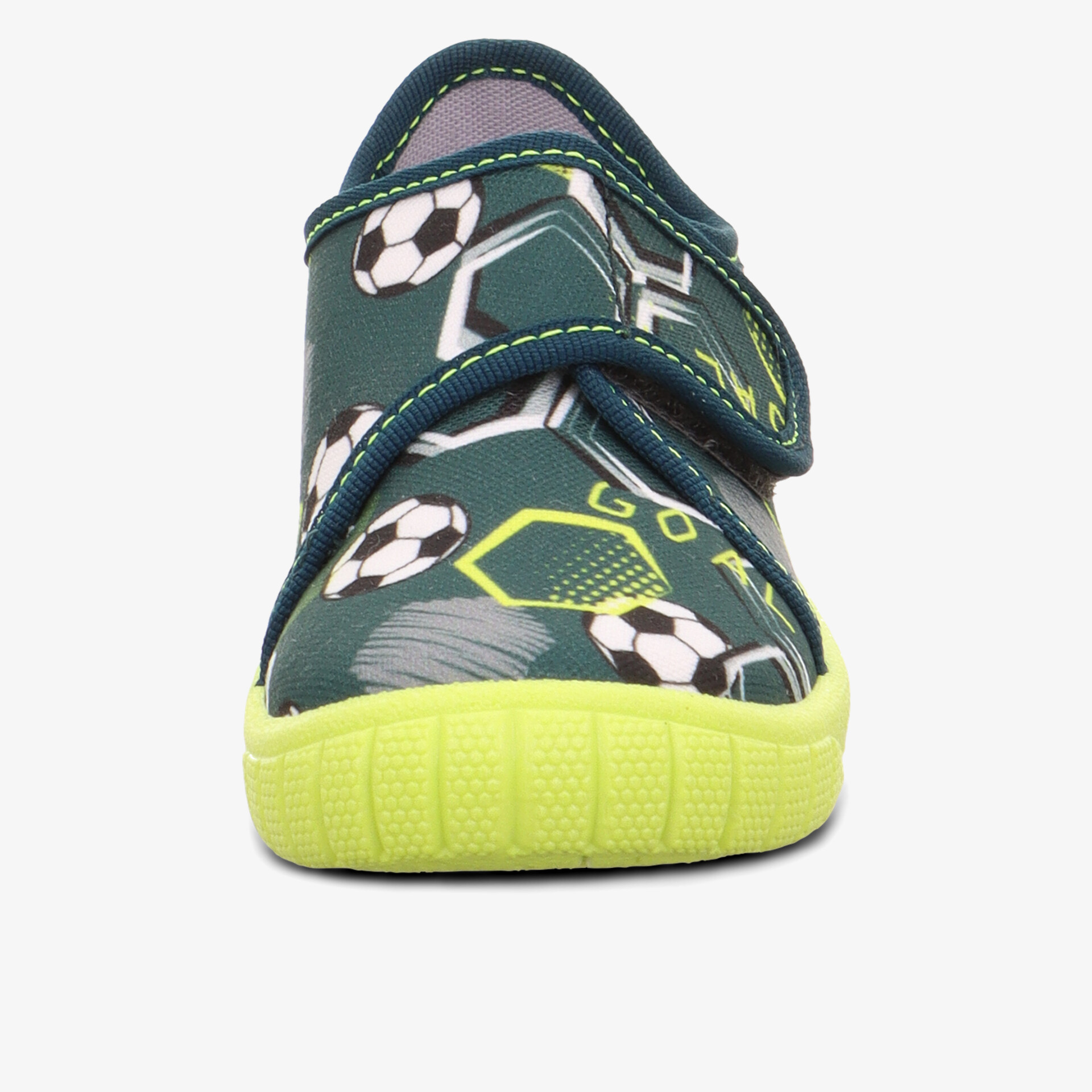 Kinderschuh mit fußballmuster und klettverschluss vorne, leuchtend gelbe rutschfeste sohle für sicheren halt