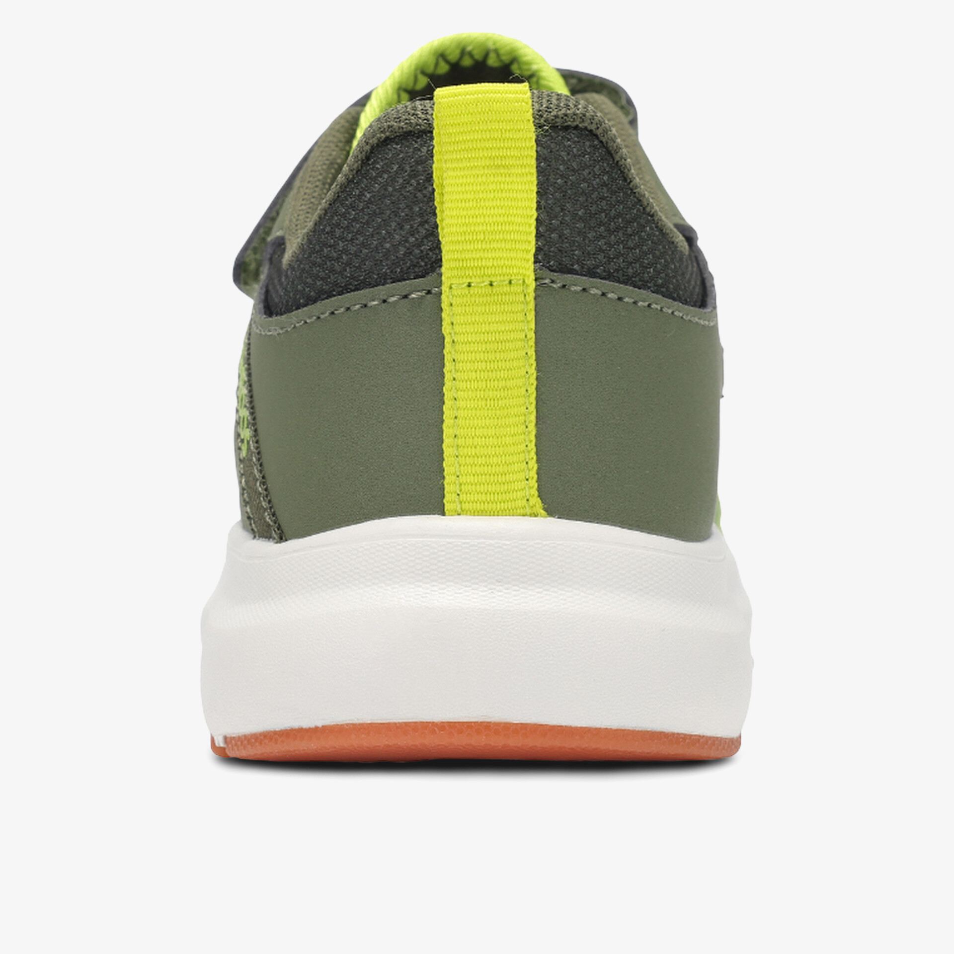 Rückansicht eines robusten Schuhs mit weißer Sohle und gelblicher Fersenschlaufe