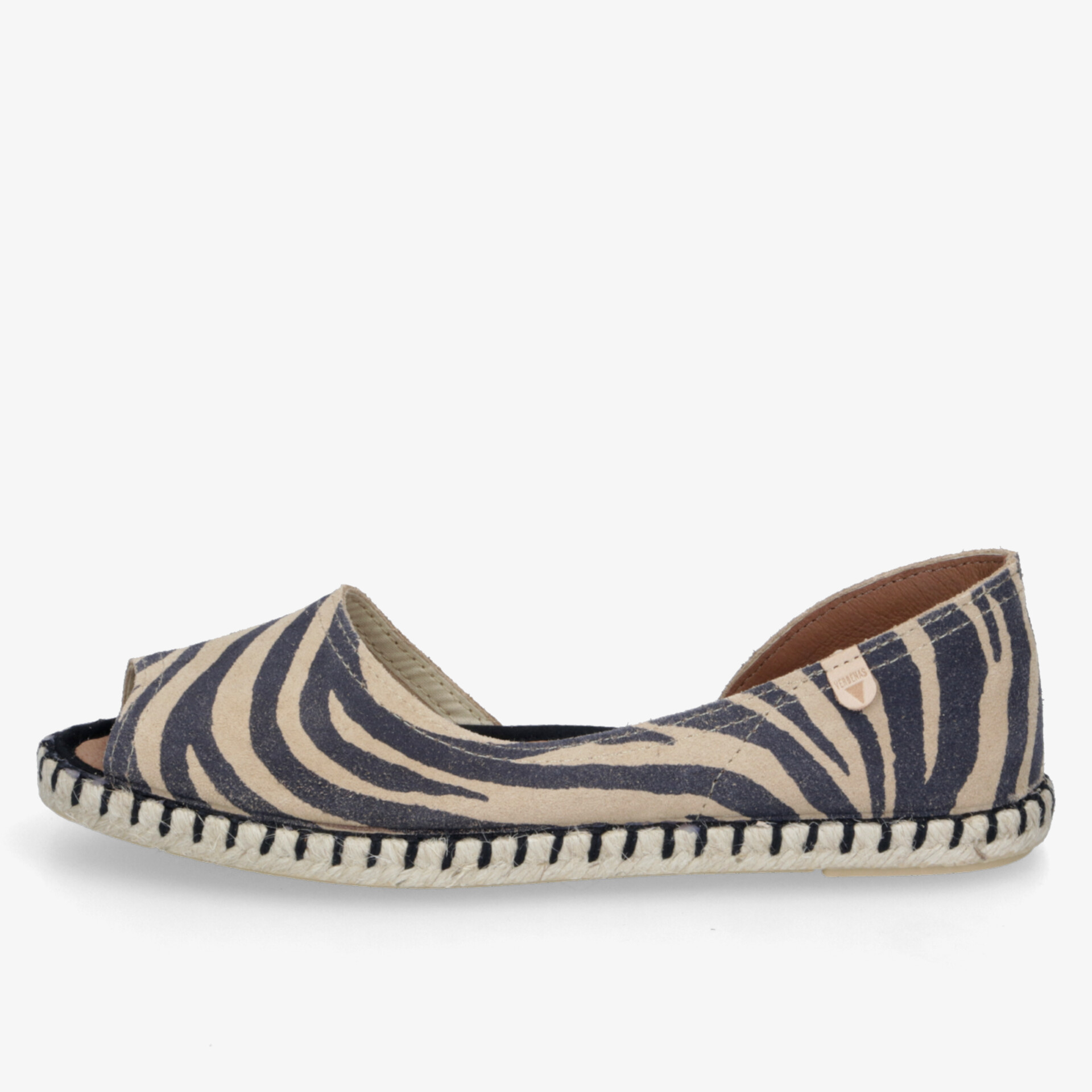 Leichter Espadrille-Sommerschuh mit bequemer Passform und modischem schwarz-beigem Streifenmuster, seitliche Ansicht