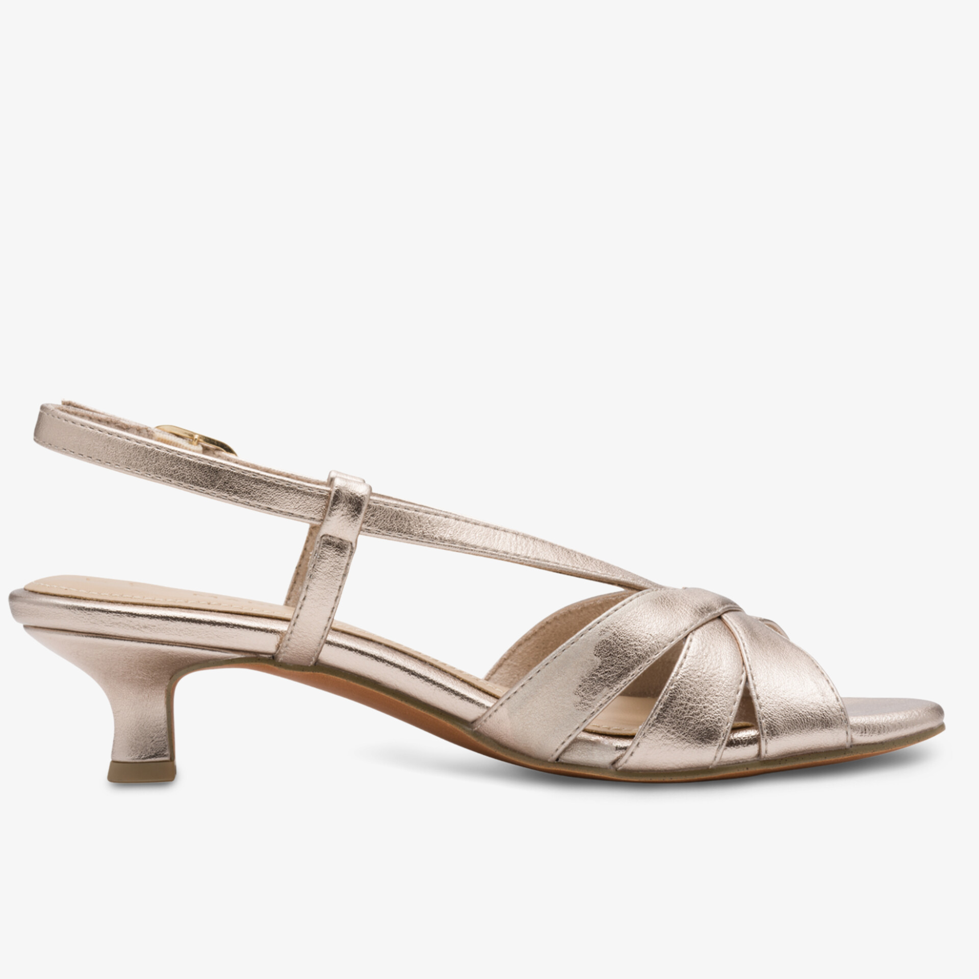 Elegante goldfarbene Riemchen-Sandalette mit niedrigem Absatz, offen und bequem für modische Anlässe