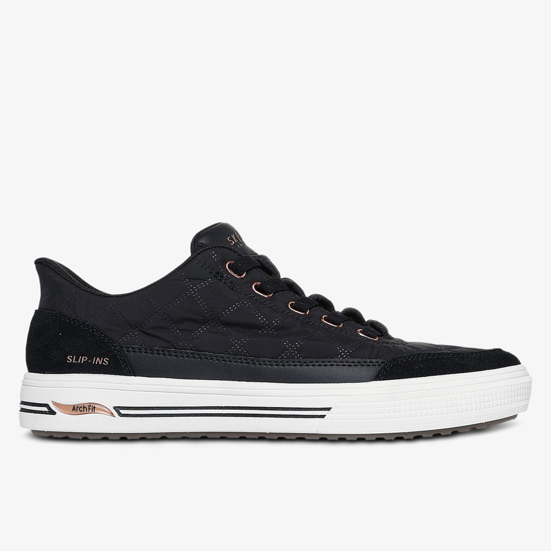 Moderne schwarze Sneaker mit weißer Sohle und eleganten Details.