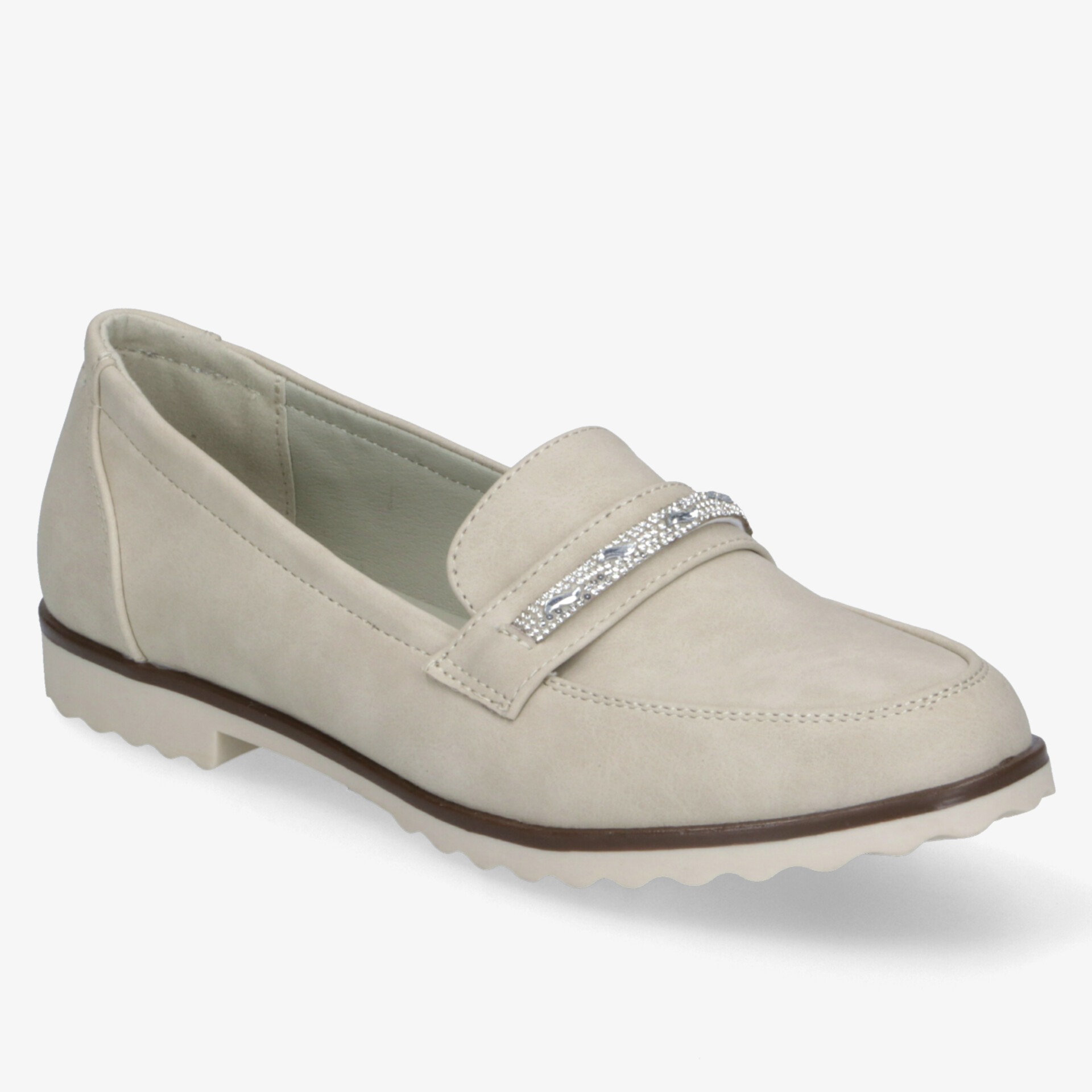 Beiger Loafer mit elegantem Design und verziertem Riemen, ideal für Komfort und Stil im Alltag.
