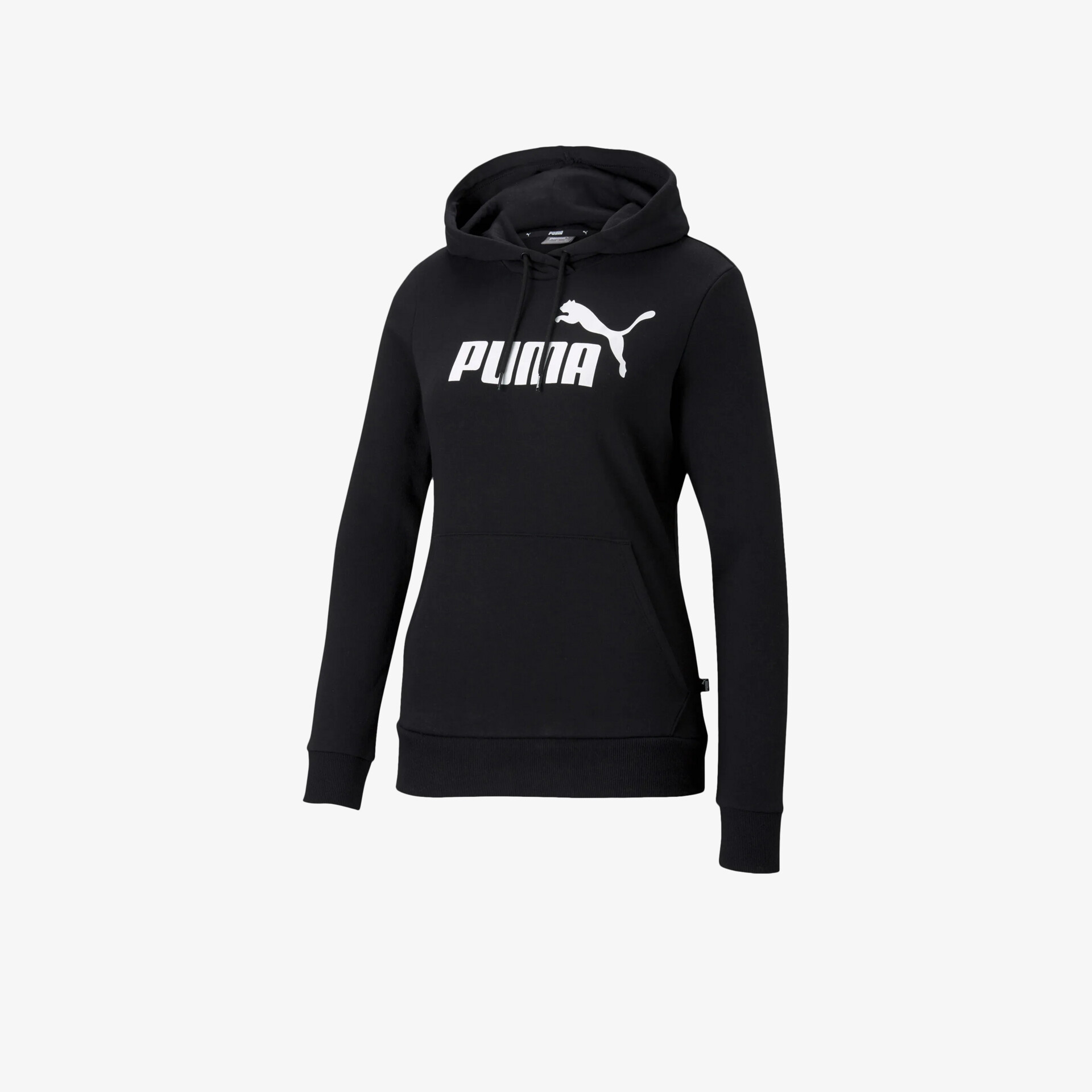 Schwarzer Hoodie mit großer Kapuze und sportlichem Puma-Logo, bequem und langärmlig