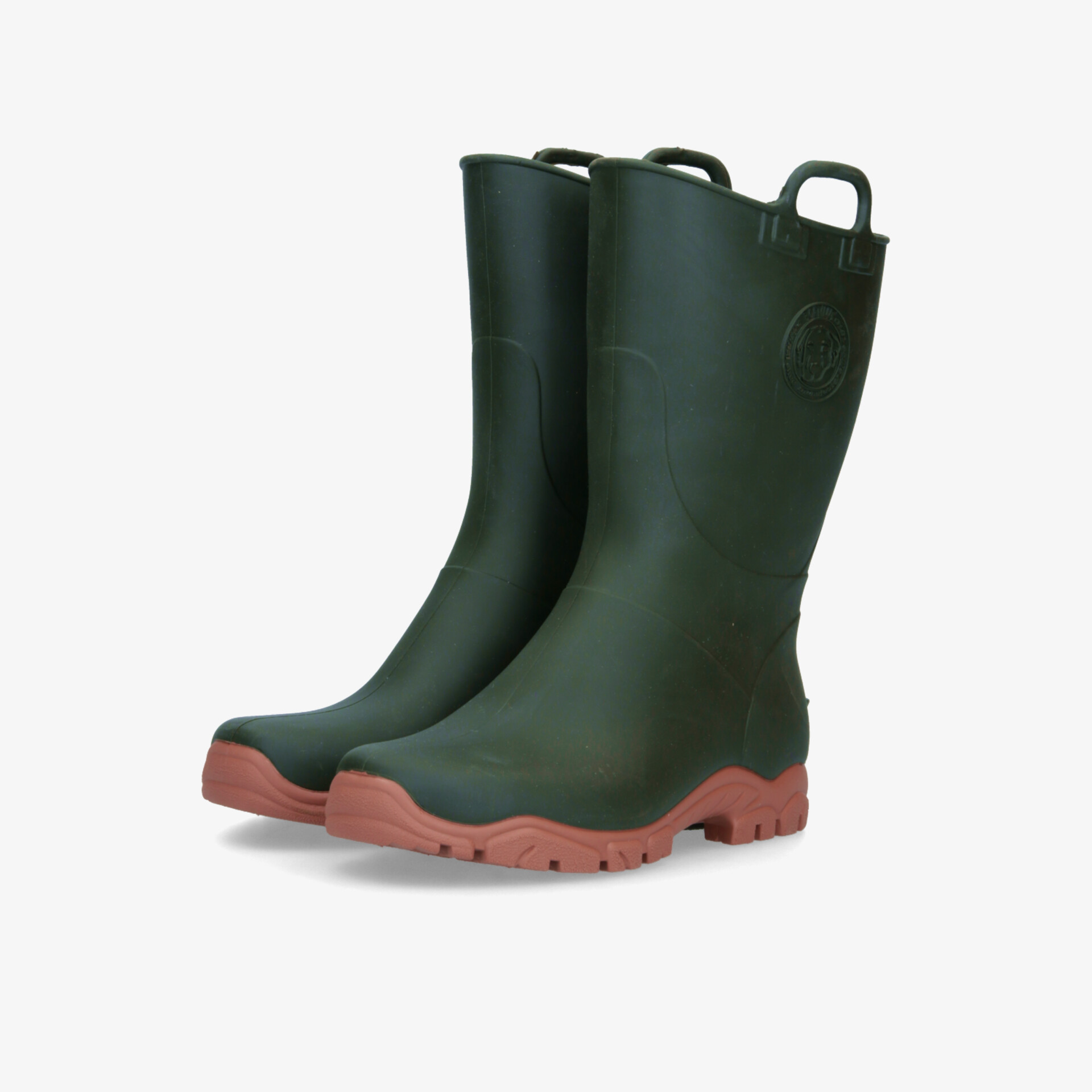 Robuste grüne Gummistiefel mit kontrastreicher roter rutschfester Sohle für zuverlässigen Schutz und Komfort