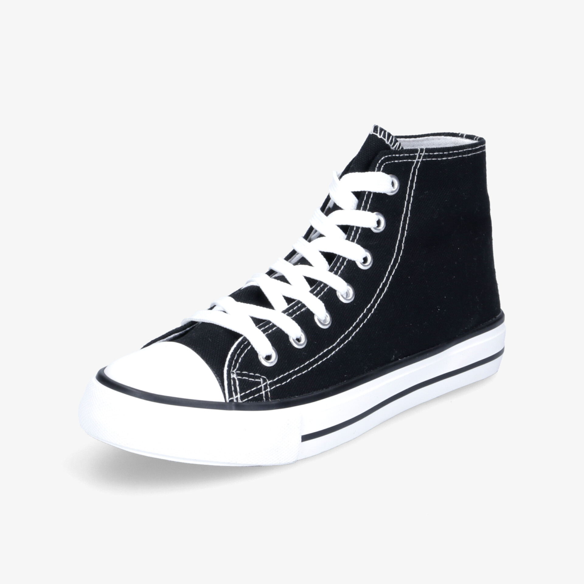 Moderner schwarzer High-Top-Sneaker mit weißer Sohle und kontrastierenden Nähten für zeitlosen Stil und Komfort.