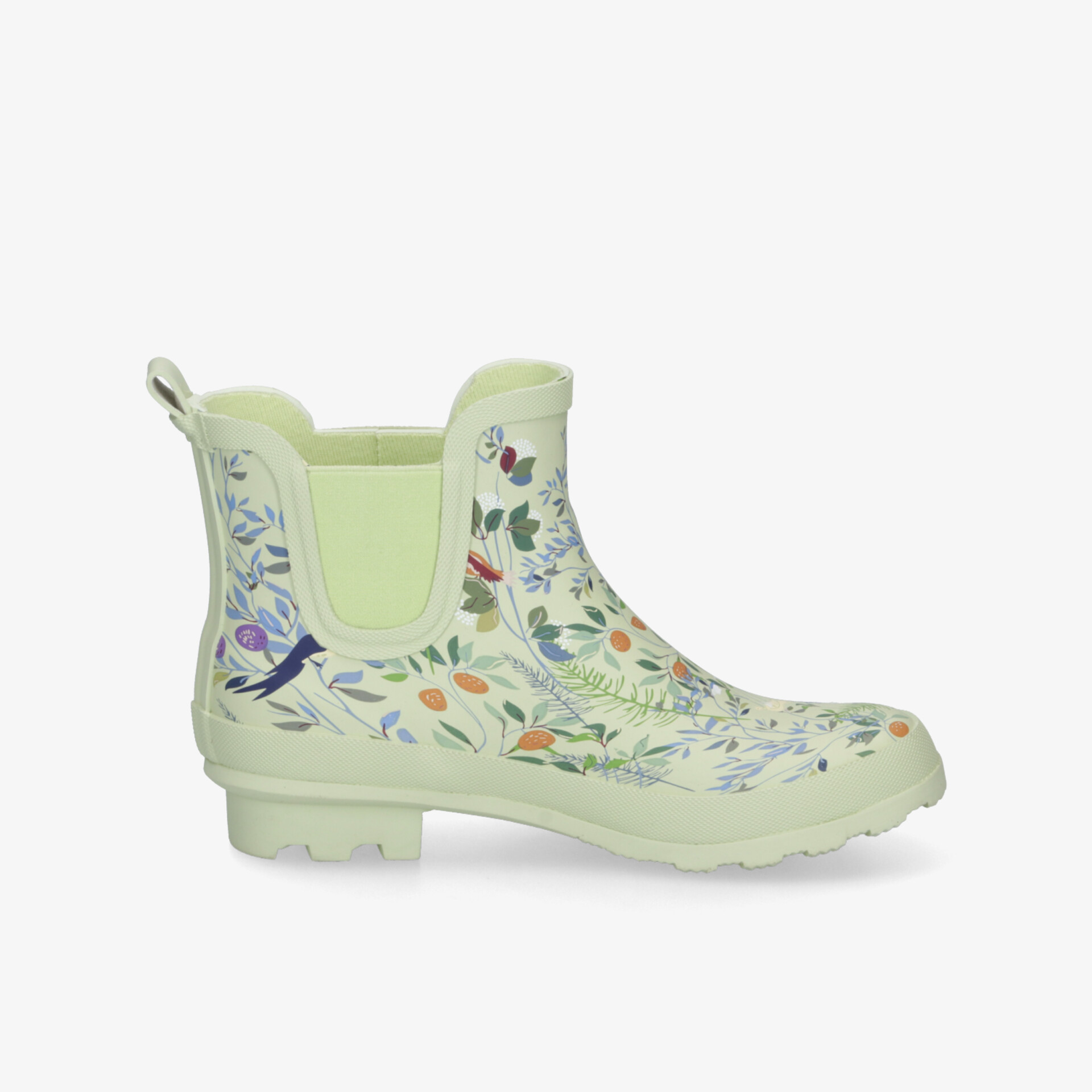 Seitlich abgebildeter Gummistiefel mit buntem Blumenmuster, wasserdicht und robust für nasse Tage