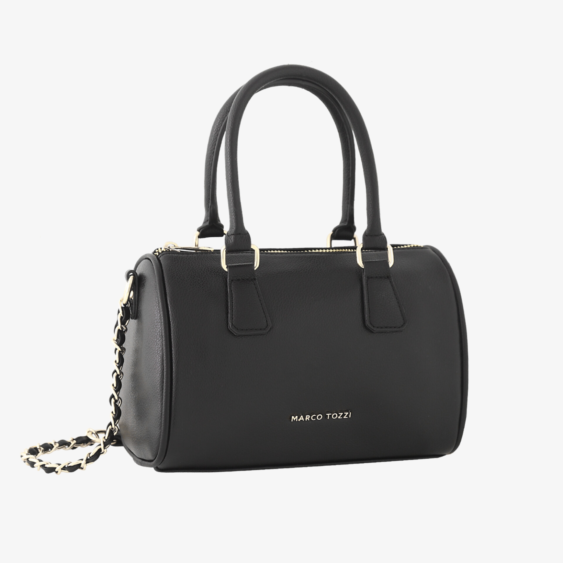 Elegante schwarze Handtasche mit strukturiertem Material, stabilen Henkeln und abnehmbarer Kette für stilvollen Auftritt.