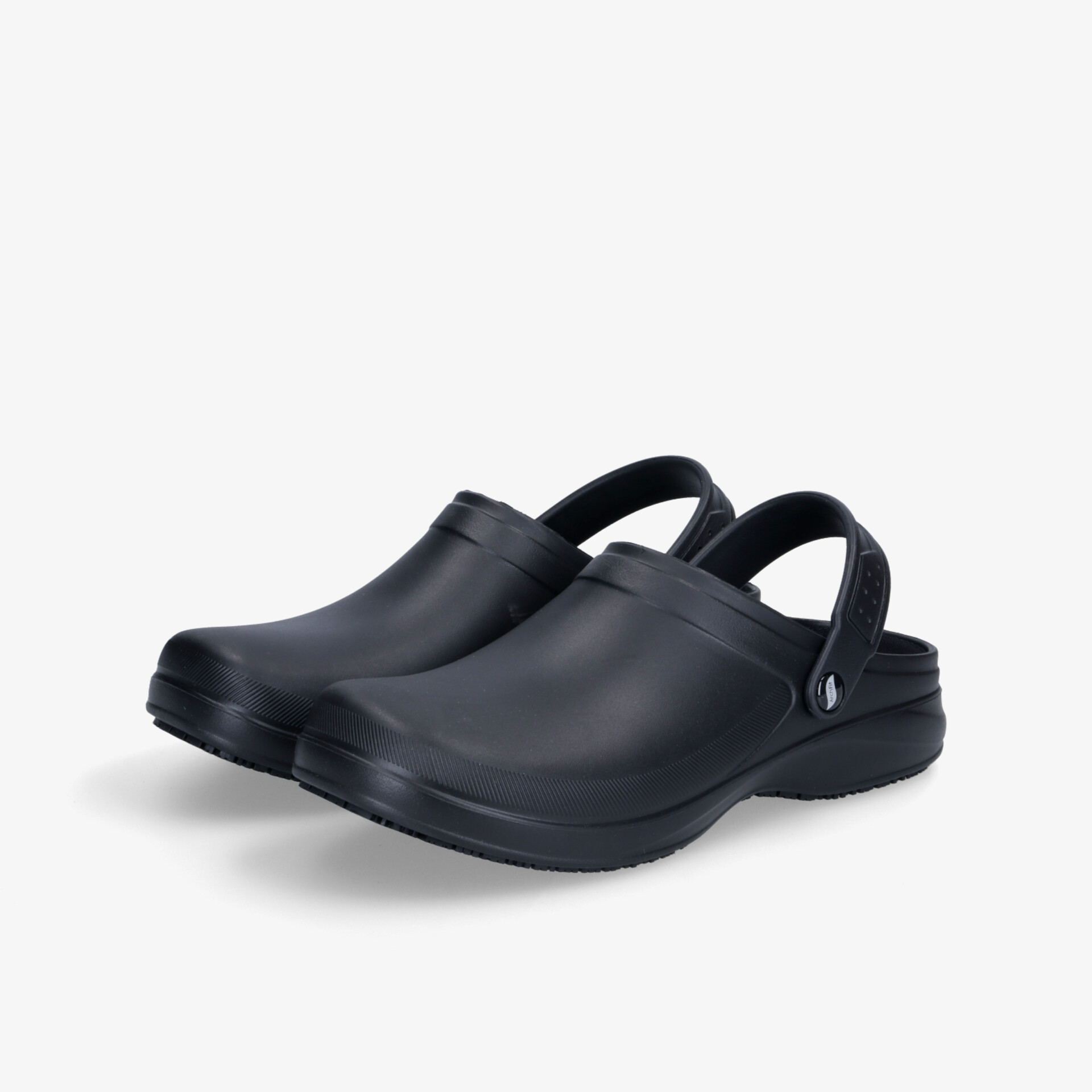 Praktische schwarze Clogs mit verstellbarem Riemen, ideal für Komfort und Alltagseinsatz.