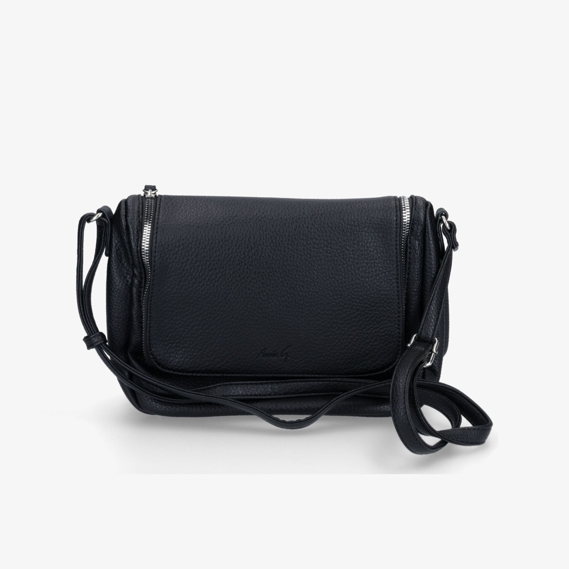 Schwarze Umhängetasche mit verstellbarem Riemen und praktischer Klappe, kompakt und langlebig im eleganten Design