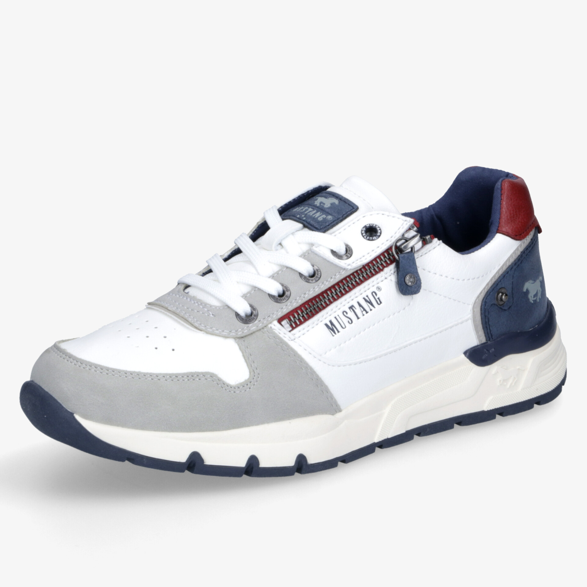 Sportlicher weißer Sneaker mit grauen und blauen Akzenten, atmungsaktiv und komfortabel mit rutschfester Sohle