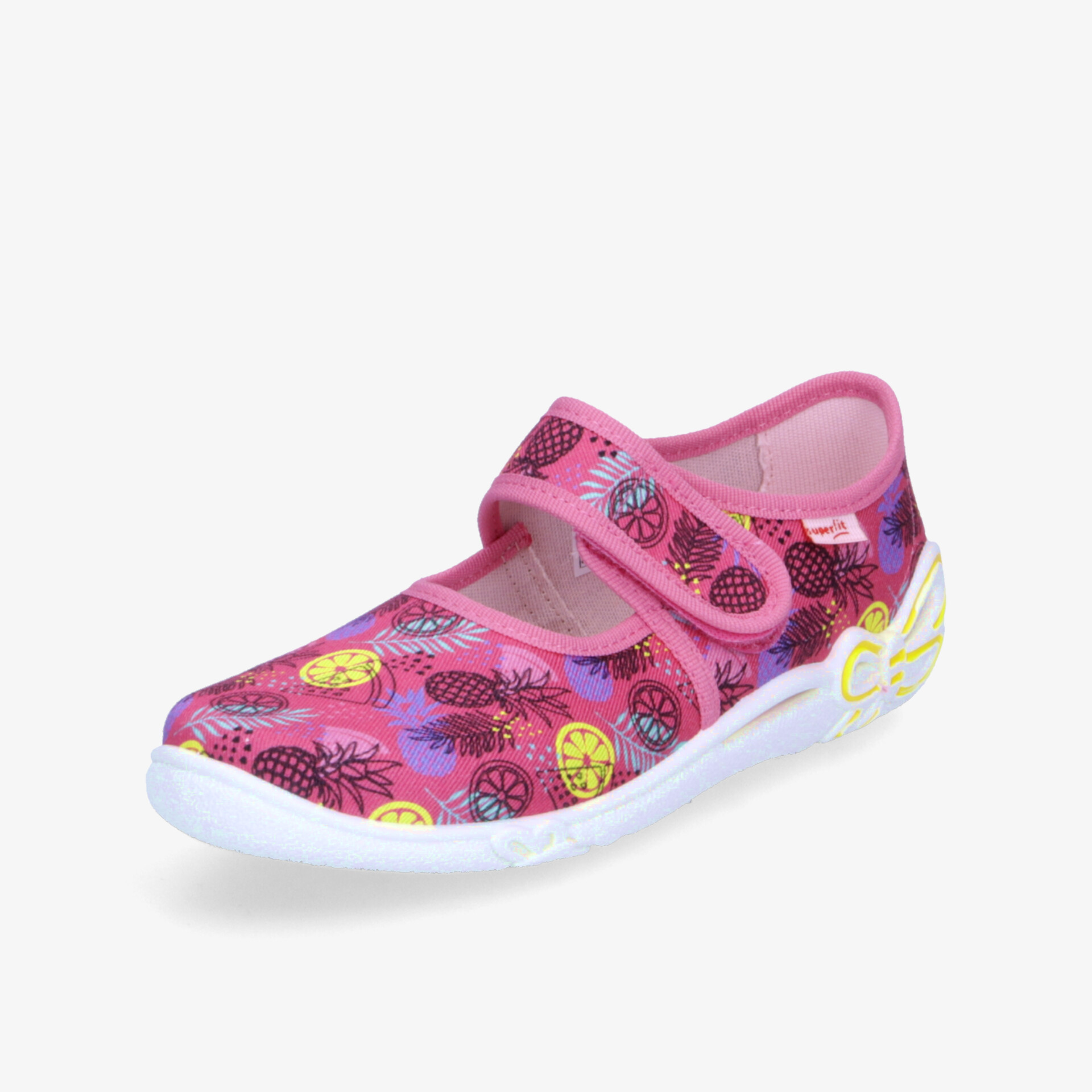 Leichter Kinderschuh in Pink mit buntem Muster und verstellbarem Klettverschluss für optimalen Tragekomfort