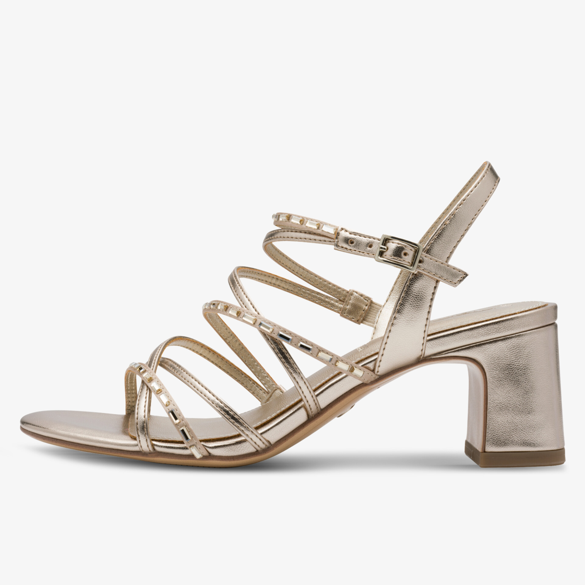 Elegante Riemchensandalette mit komfortablem Blockabsatz und modischem Metallic-Finish seitliche Ansicht