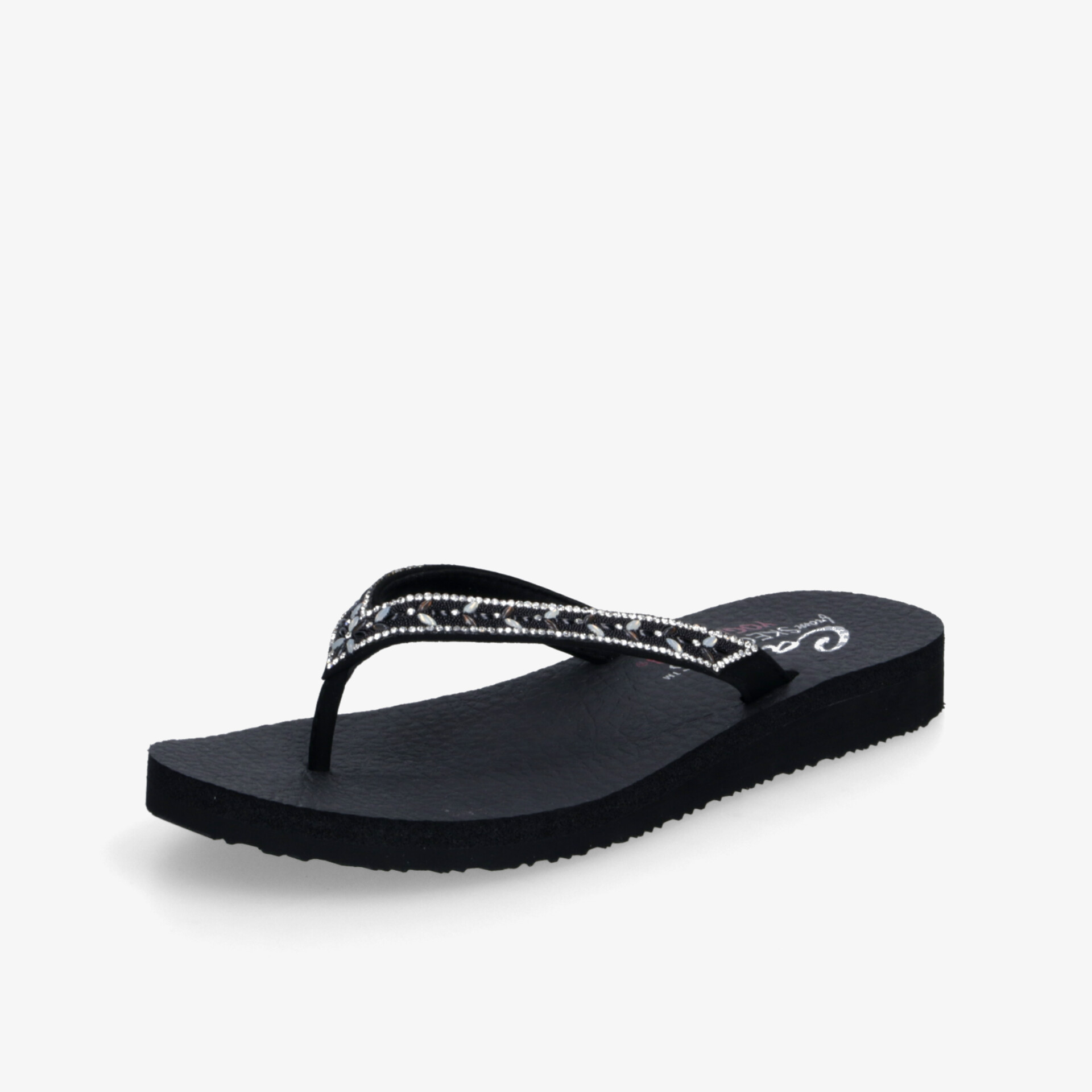 Schwarzer Flip Flop mit bequemer Sohle und weichen Riemen in schräger Vorderansicht