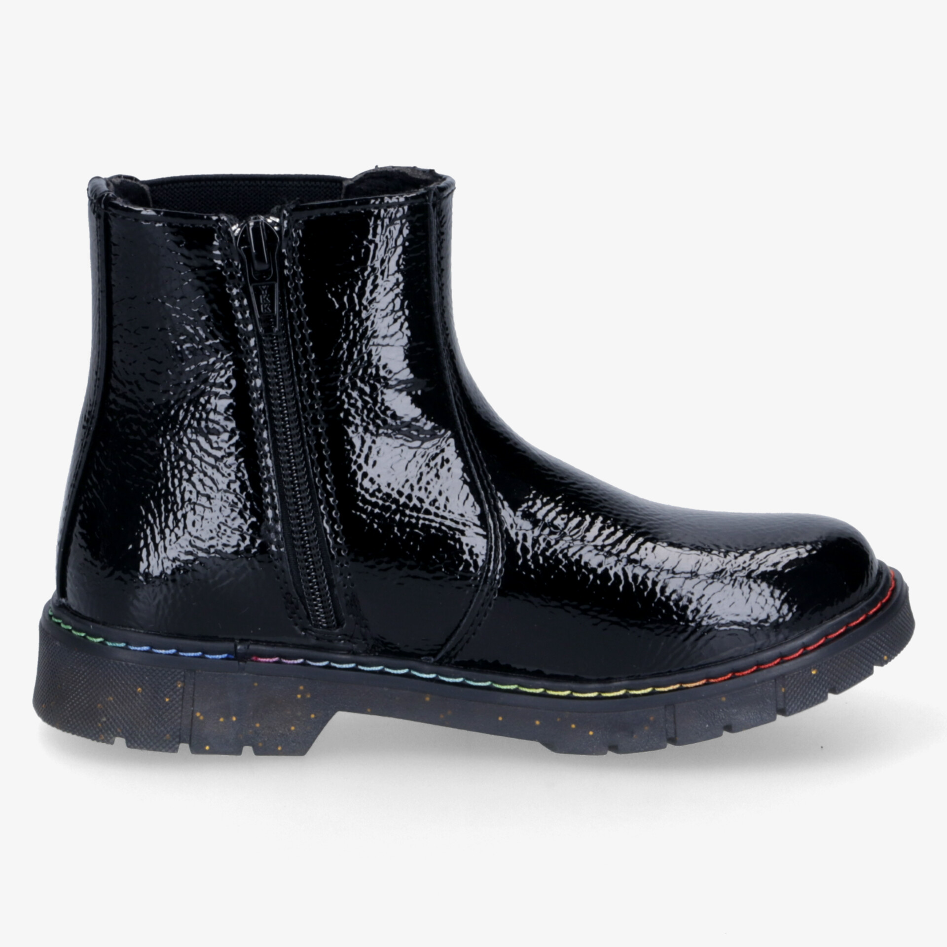 Schwarzer Lackleder-Stiefel mit Reißverschluss, robuster profilsohle und bequemer Passform für den Alltag