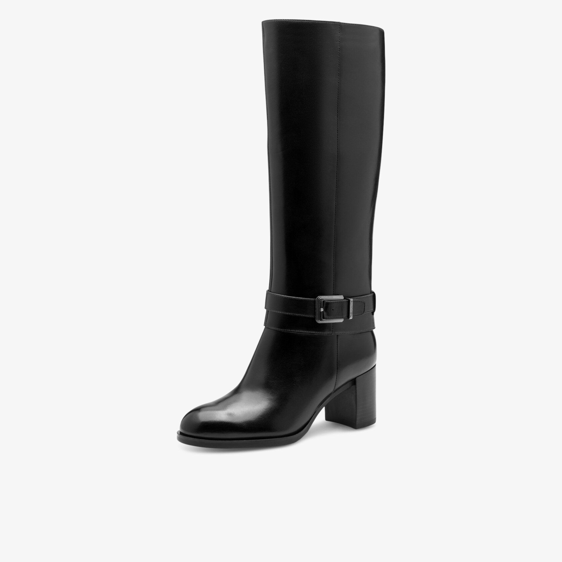 Eleganter kniehoher schwarzer Lederstiefel mit Blockabsatz und dekorativer Schnalle