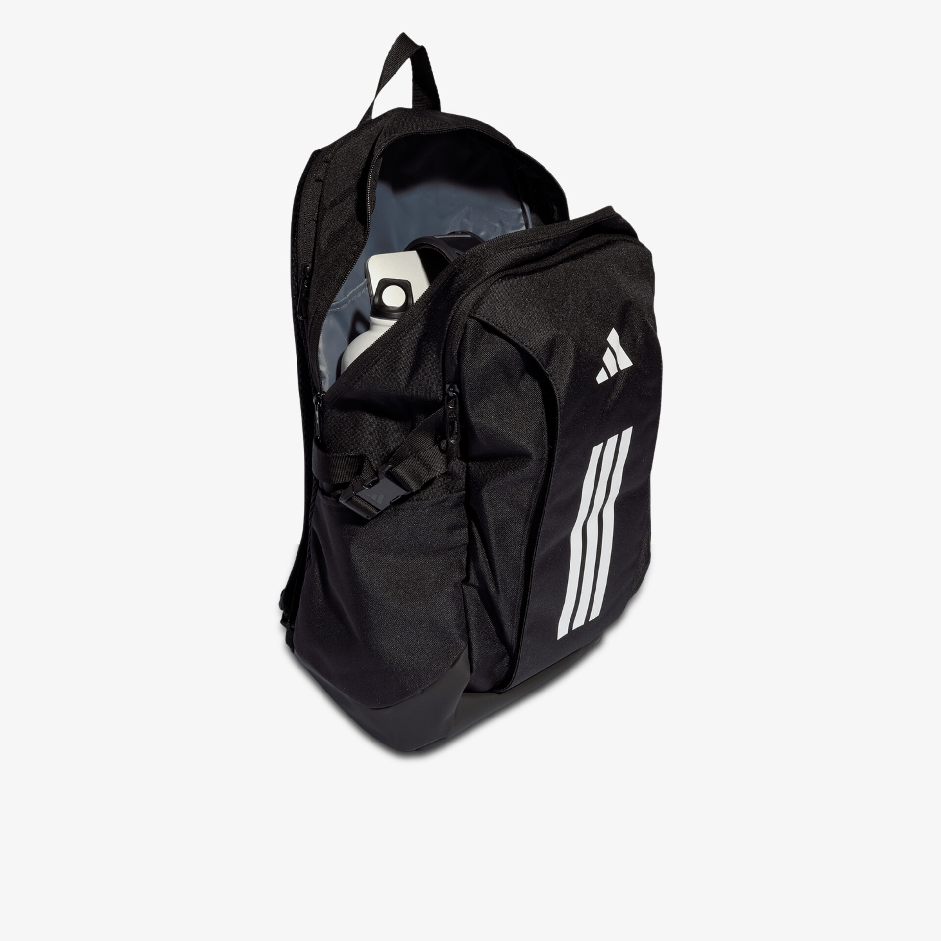 Schwarzer Rucksack mit geräumigem Hauptfach und seitlicher Tasche für vielseitige Nutzung