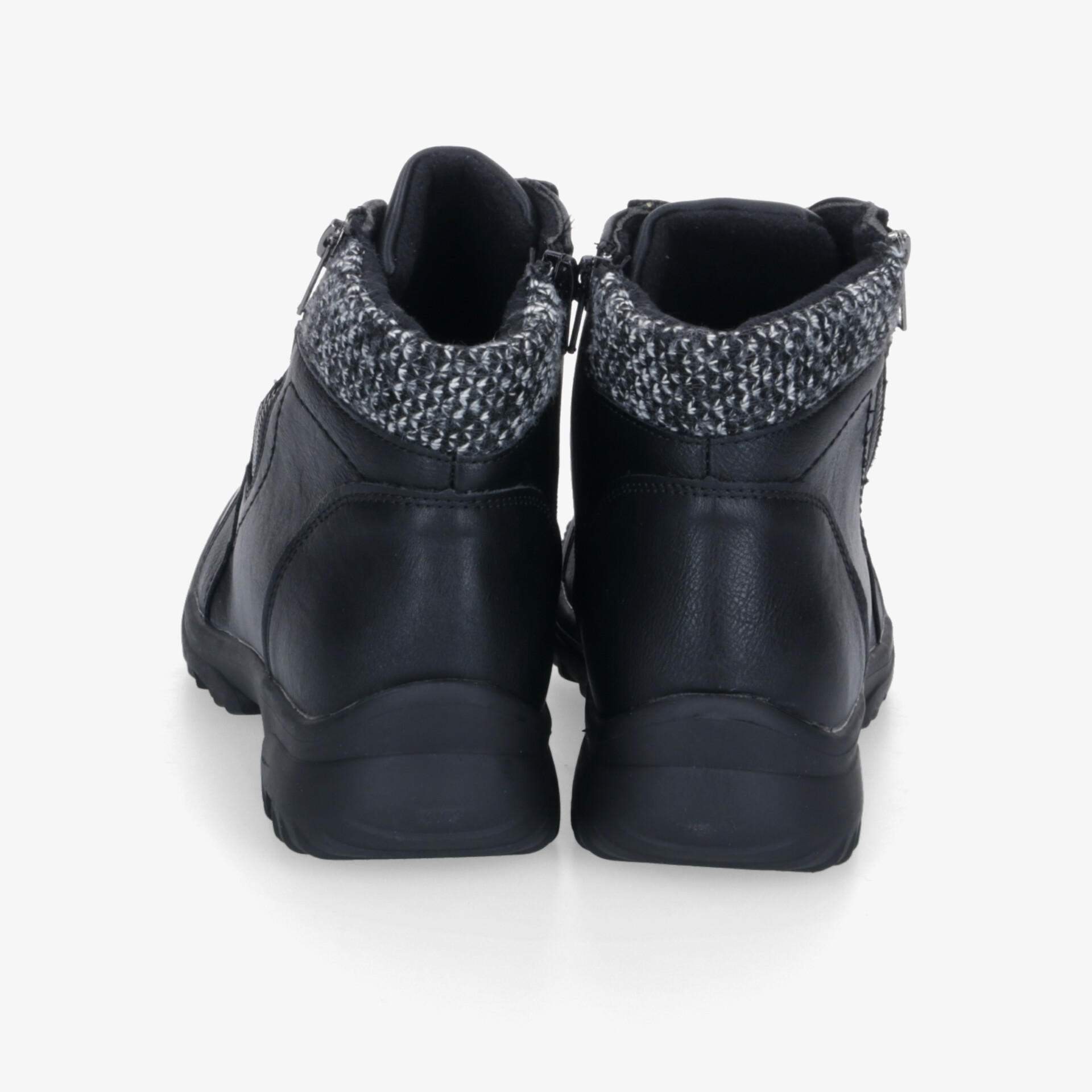 warme schwarze Winterstiefel mit geflochtenem Schaft und gepolsterter Innenseite, robuste rutschfeste Sohle, Rückansicht