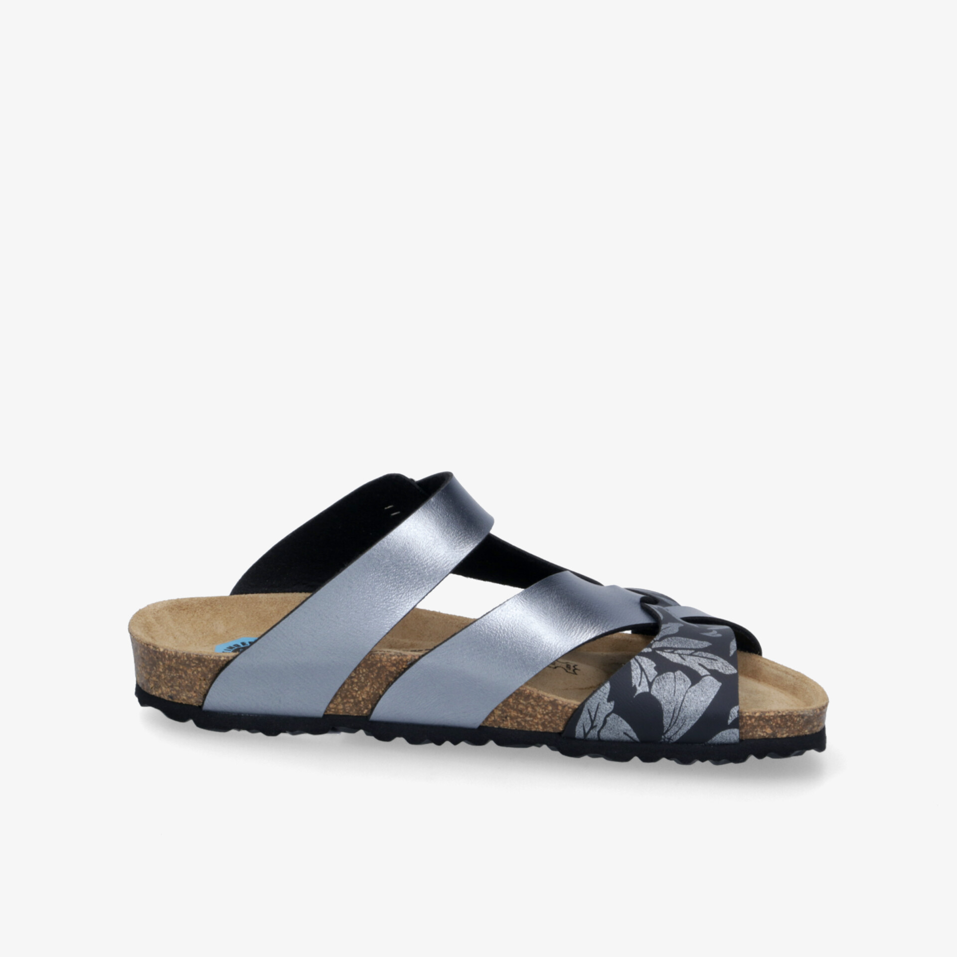 Komfortable Ledersandale mit verstellbaren Riemen und gepolsterter Sohle in Schwarz und Silber