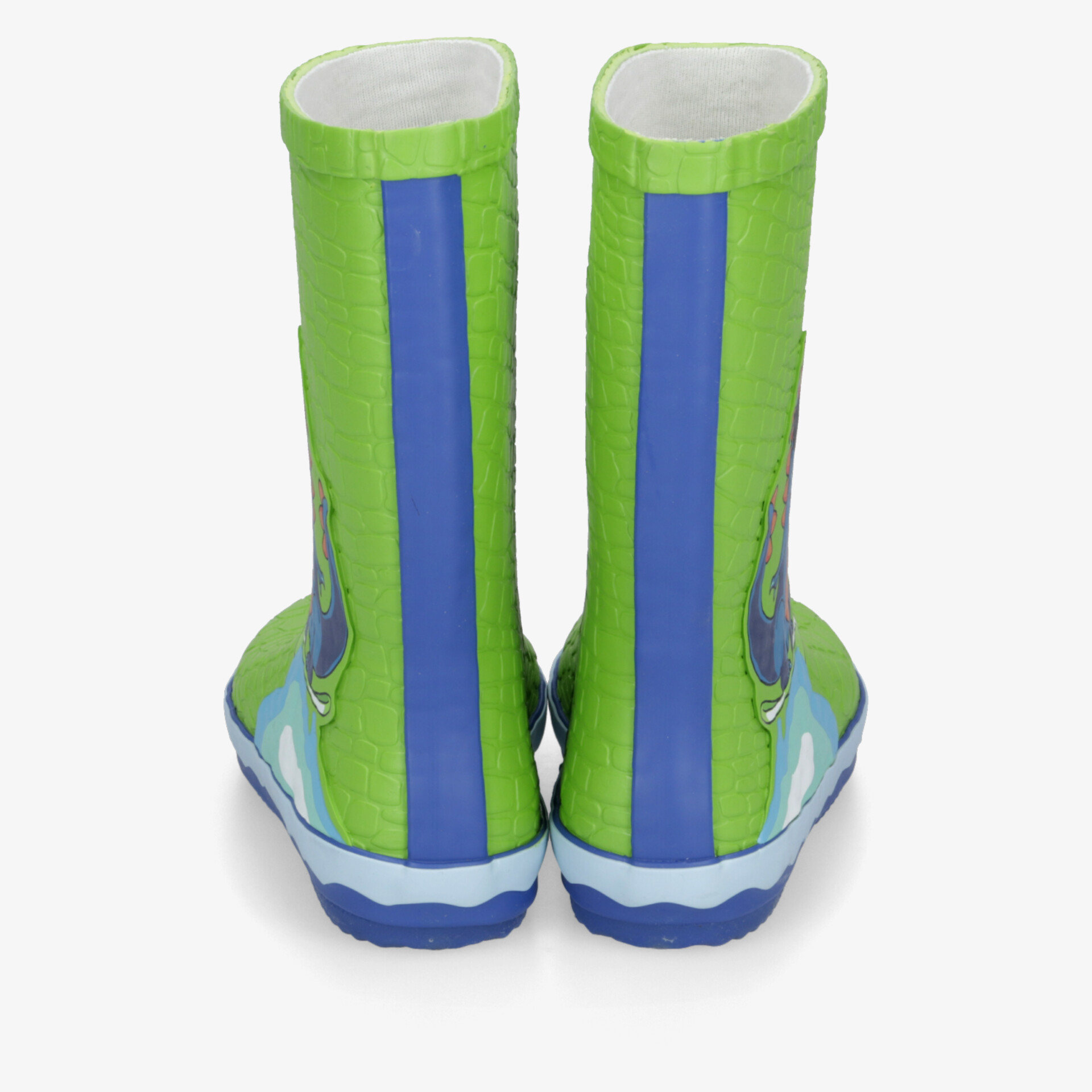 Grün-blaue Gummistiefel von hinten, wasserfest und robust für komfortablen Schutz bei Nässe