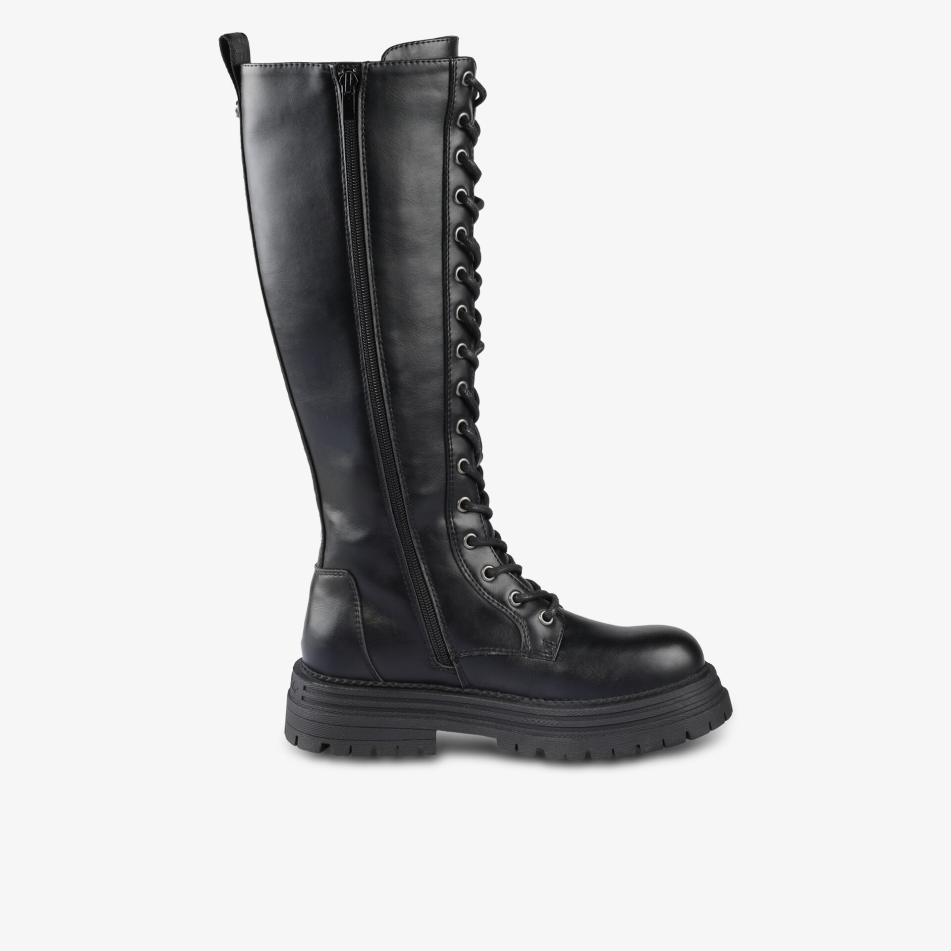 Schwarzer robuster Stiefel aus Leder mit Schnürung und Reißverschluss, profilierte Sohle, seitliche Ansicht
