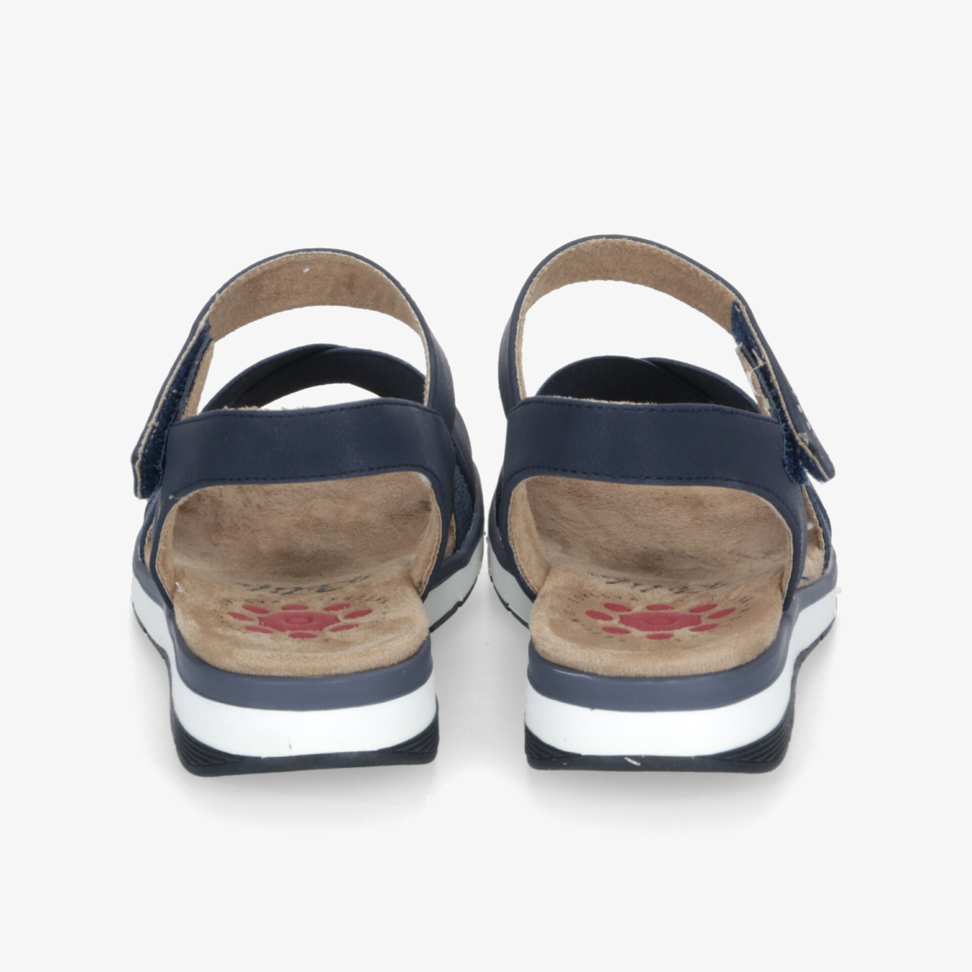 Rückansicht bequemer Sandalen mit gepolsterter Innensohle und verstellbarem Klettverschluss, rutschfeste profillierte Sohle