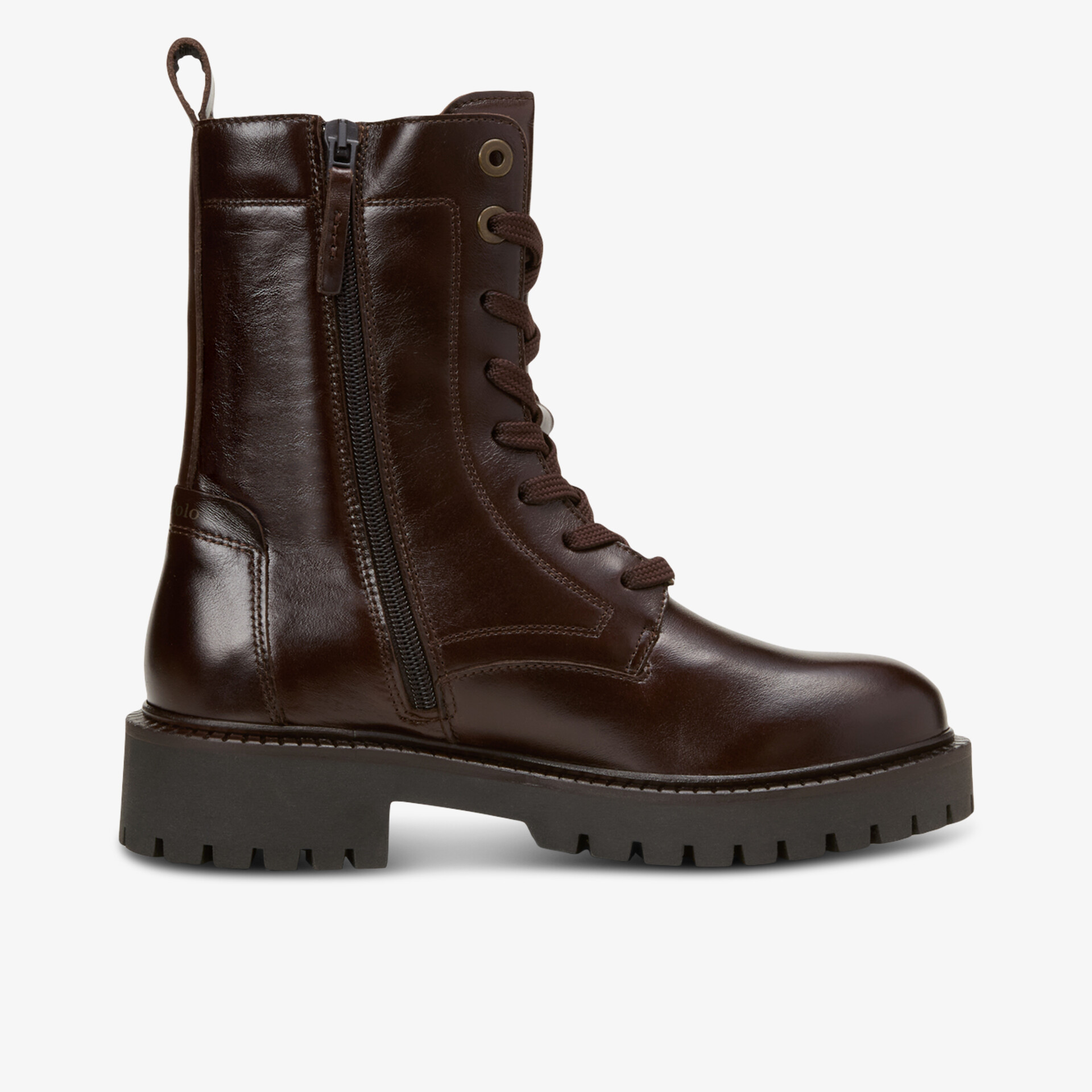 Robuster brauner Lederstiefel mit Schnürung und Reißverschluss, profilierte rutschfeste Sohle, seitliche Ansicht