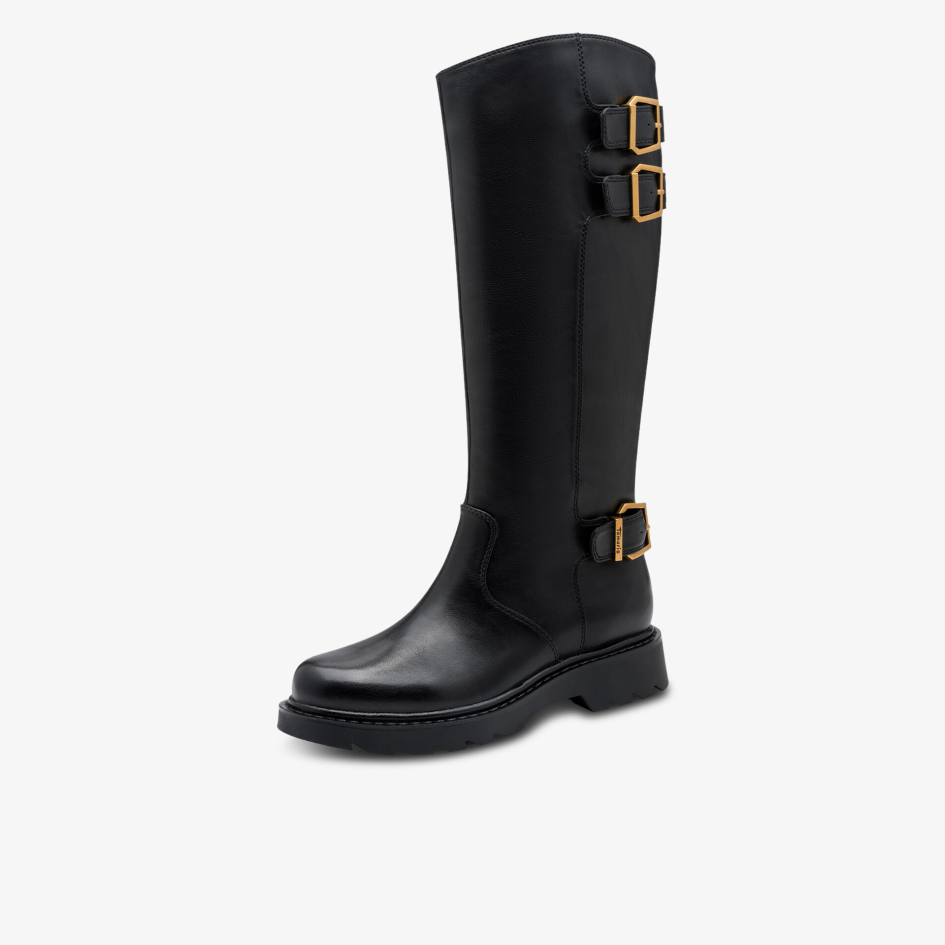 Eleganter schwarzer hoher Stiefel mit dekorativen Schnallen und robustem Blockabsatz, seitliche Ansicht