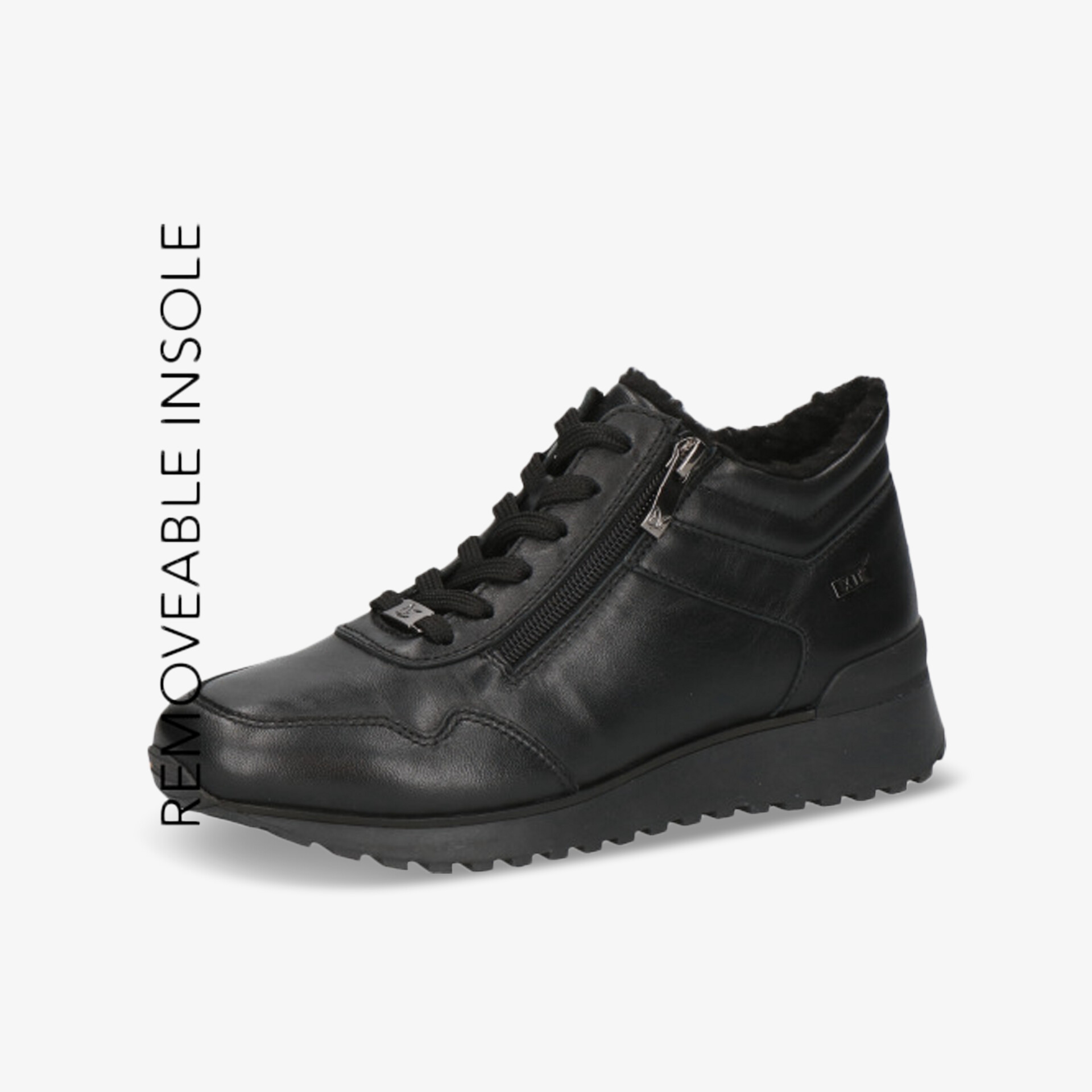 Sportlicher schwarzer Schuh mit praktischem Reißverschluss, rutschfester Sohle und weich gepolsterter Innensohle für hohen Komfort.