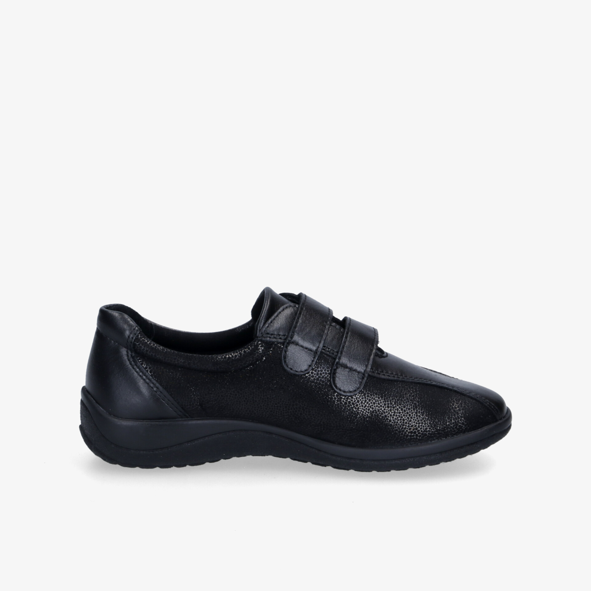 Moderner schwarzer Schuh mit Klettverschluss, ideal für komfortablen Alltag und sicheren Halt.