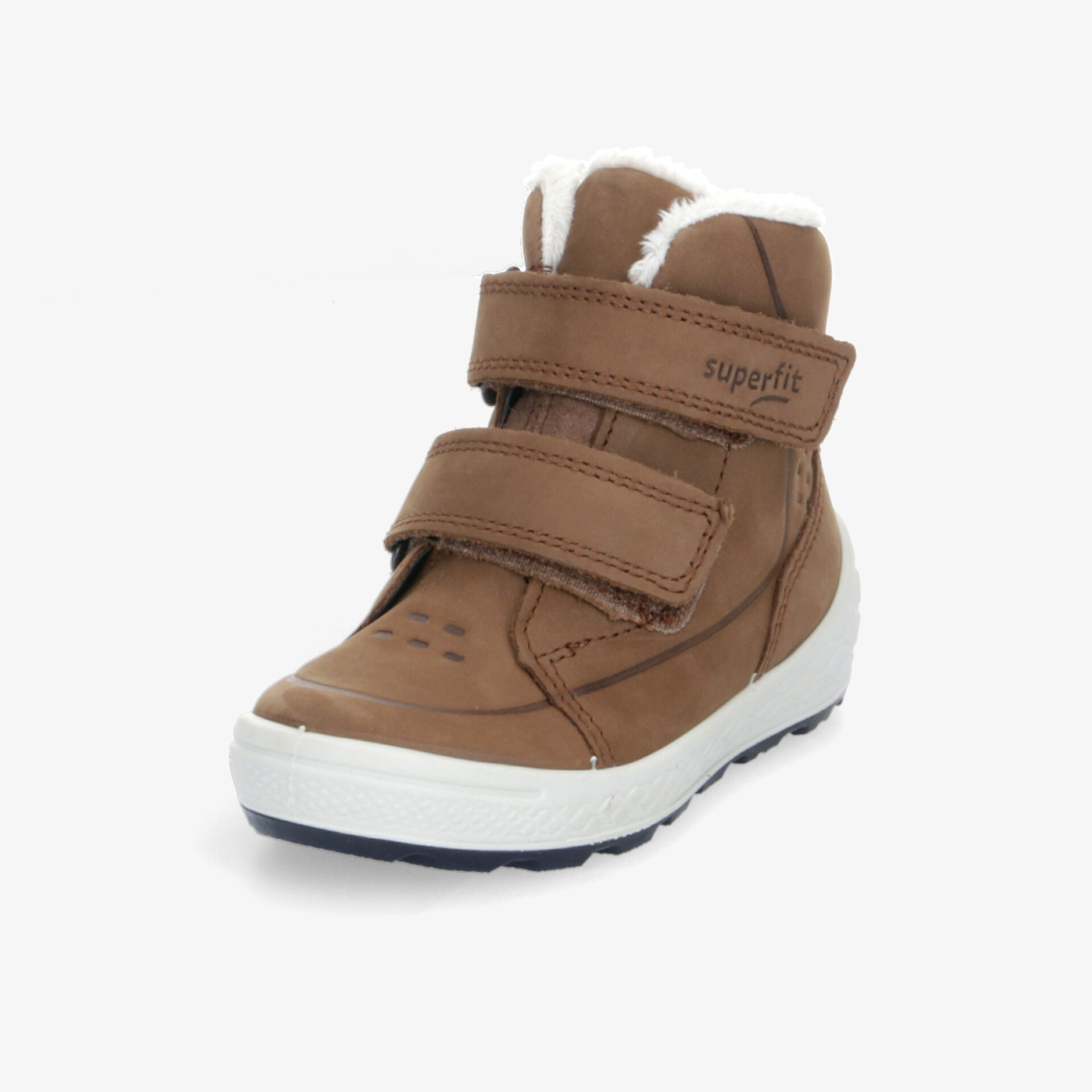 Brauner Lederschuh mit Klettverschluss, gepolstertem Knöchel und rutschfester Sohle, ideal für Komfort und Halt