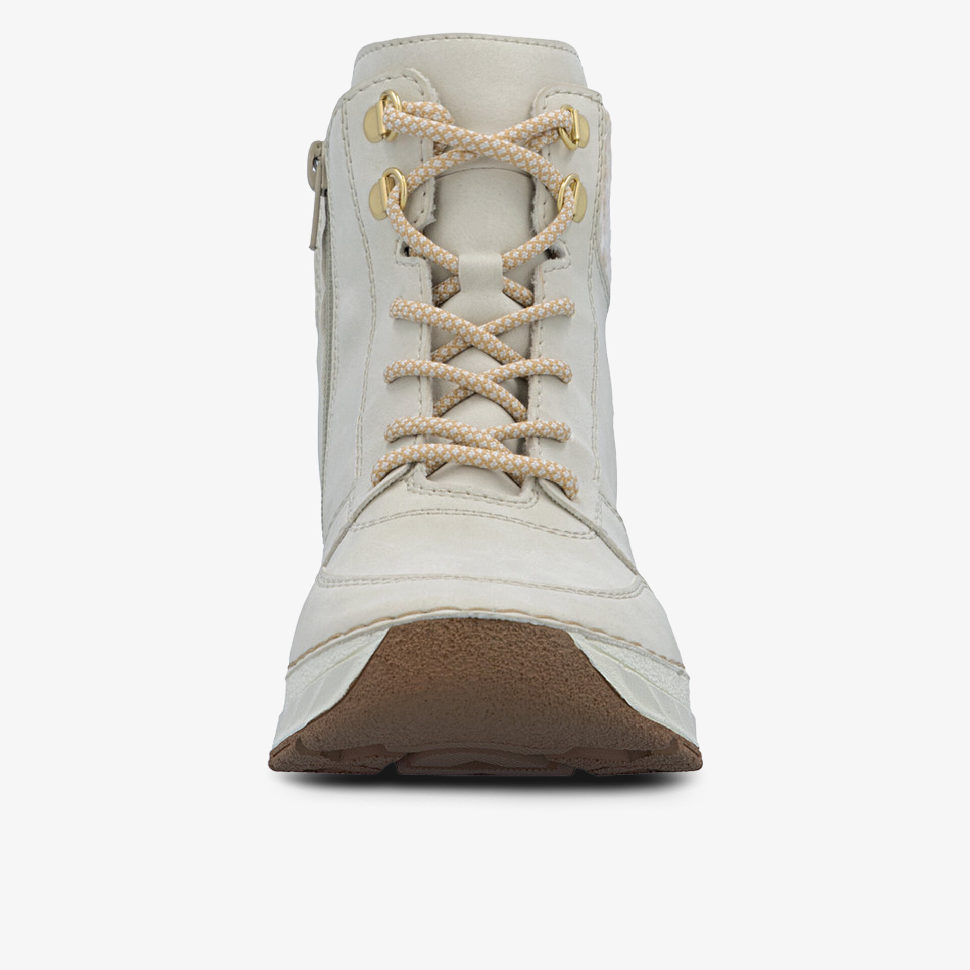 Moderner weißer Schuh in Frontansicht mit detaillierter Schnürung und robuster Gummisohle