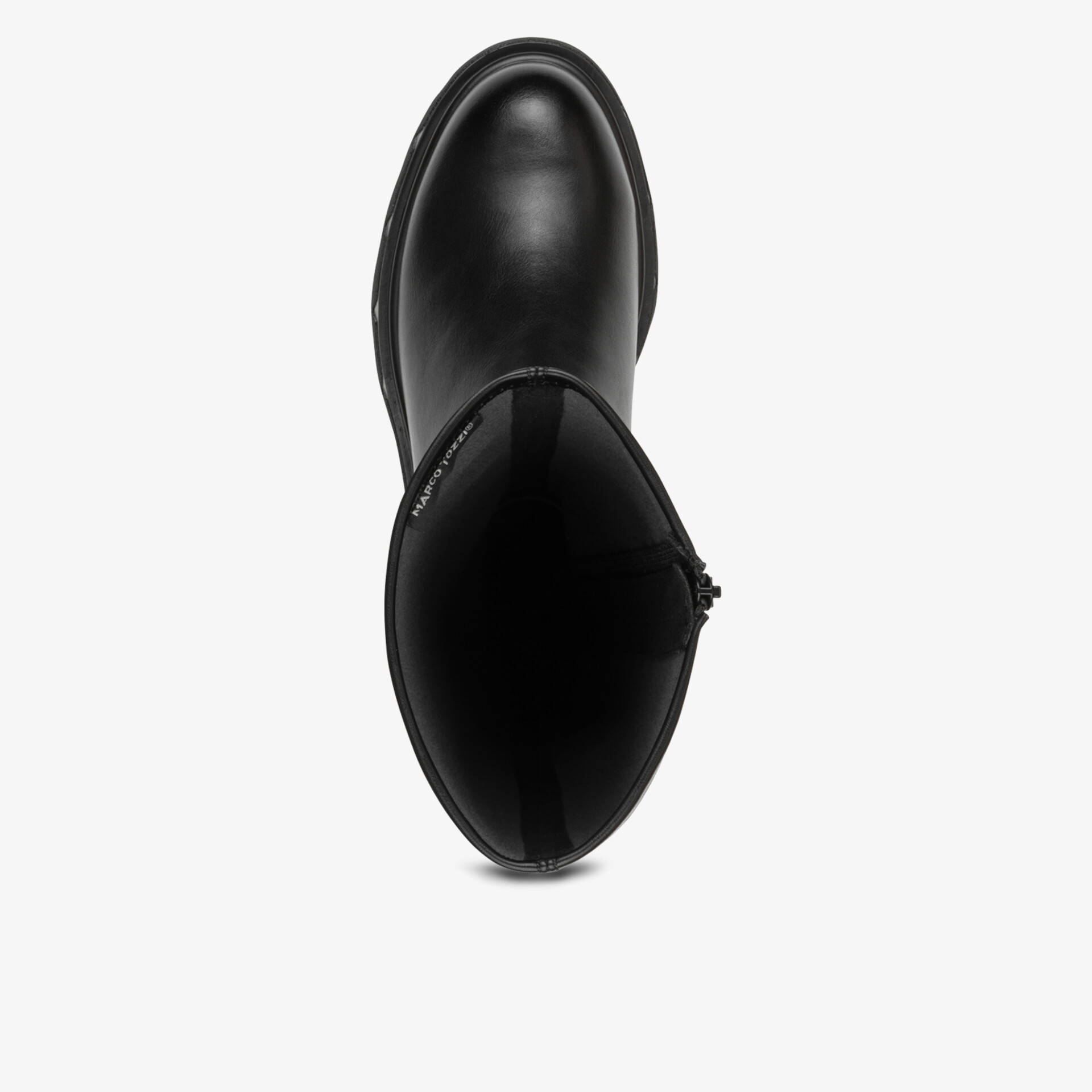 Schwarzer Schuh mit glatter Oberfläche, runder Spitze und eleganter, schlichter Form in Draufsicht