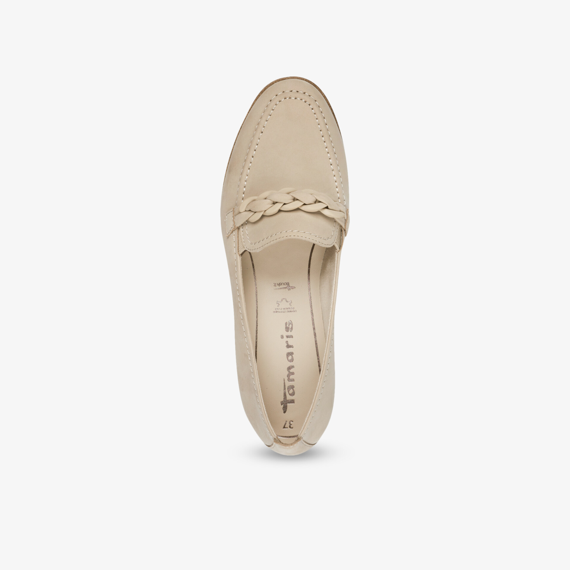 Beiger eleganter Loafer mit geflochtenem Detail und komfortabler, hochwertiger Verarbeitung, klassische zeitlose Form