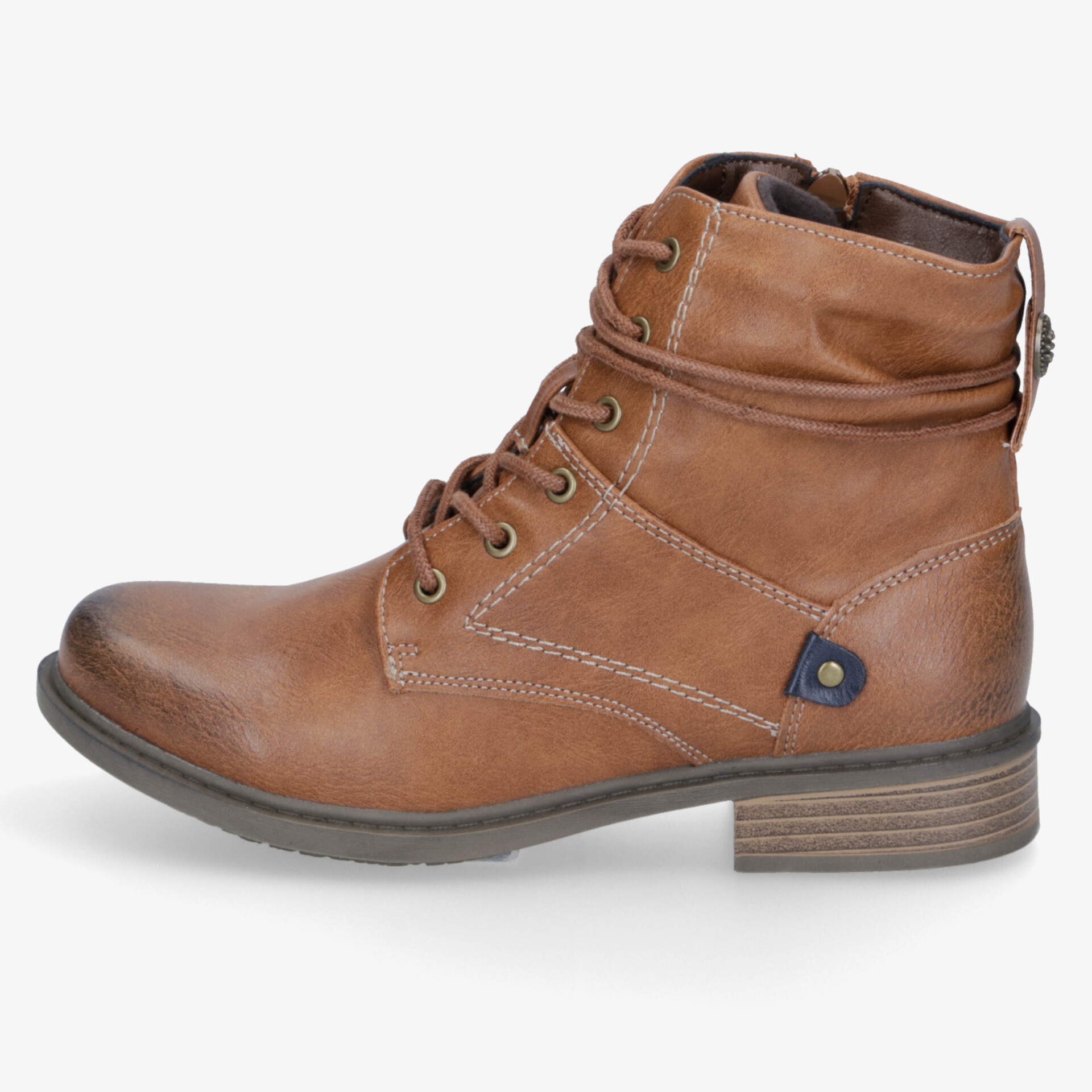 Seitliche Ansicht eines braunen Lederstiefels mit Schnürung, robustem Absatz und bequemer Passform