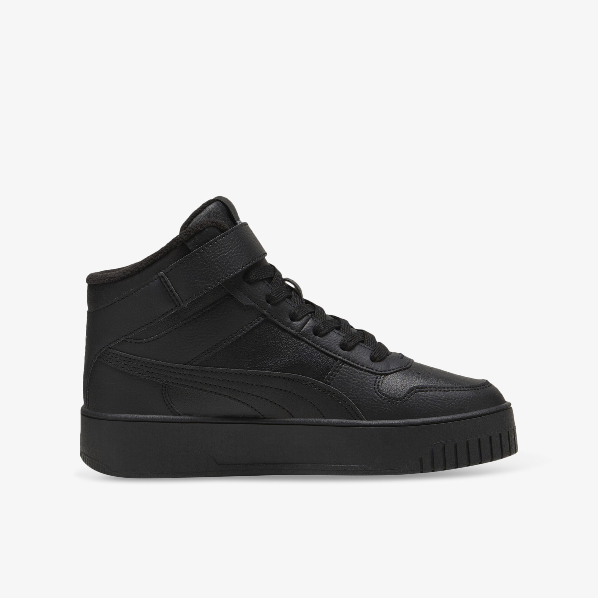 Schwarzer High-Top Sneaker in seitlicher Ansicht mit robuster Sohle und modischem Design