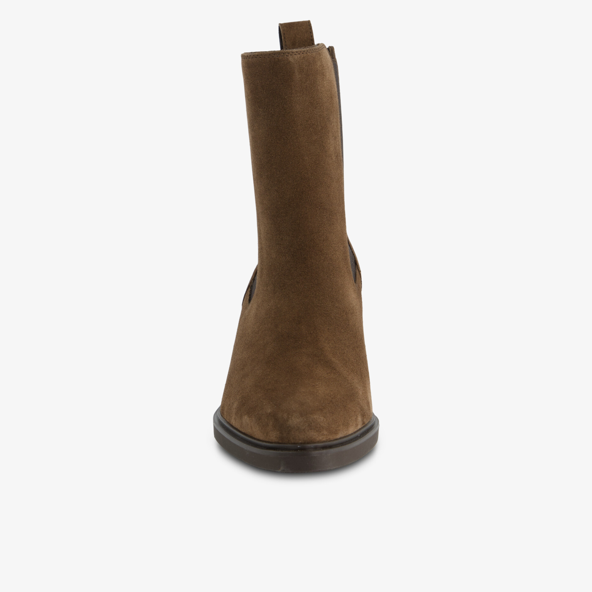 Eleganter brauner Wildlederstiefel mit glatter Front und robustem Profil für vielseitigen Einsatz