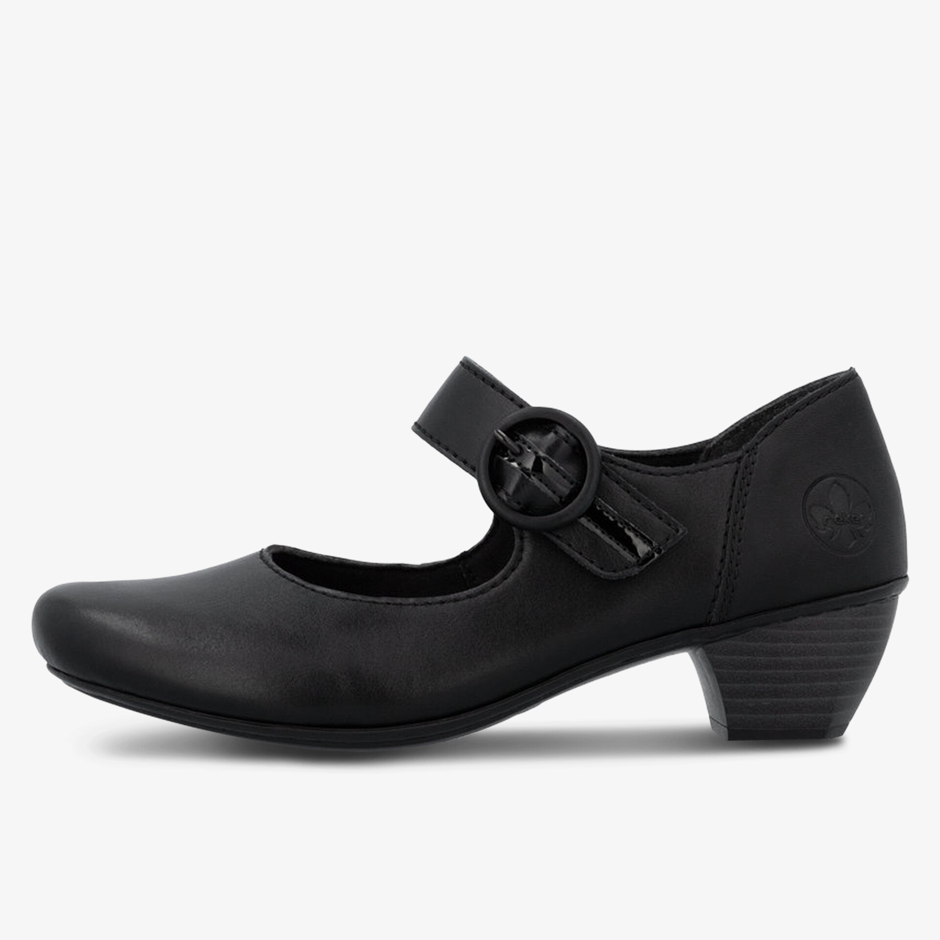 Eleganter schwarzer Mary Jane Schuh aus Leder mit verstellbarem Riemen und mittelhohem Absatz, seitliche Ansicht